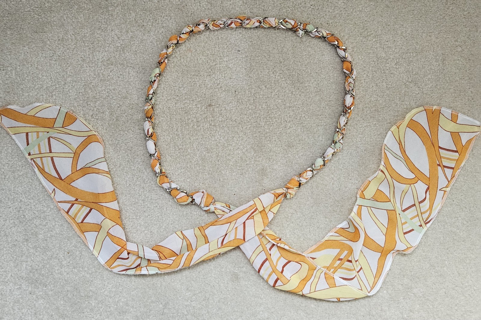 Vintage Scarf Chain Belt Orange Multicolor Silver Tone Chain 30″ Scarf 71″
