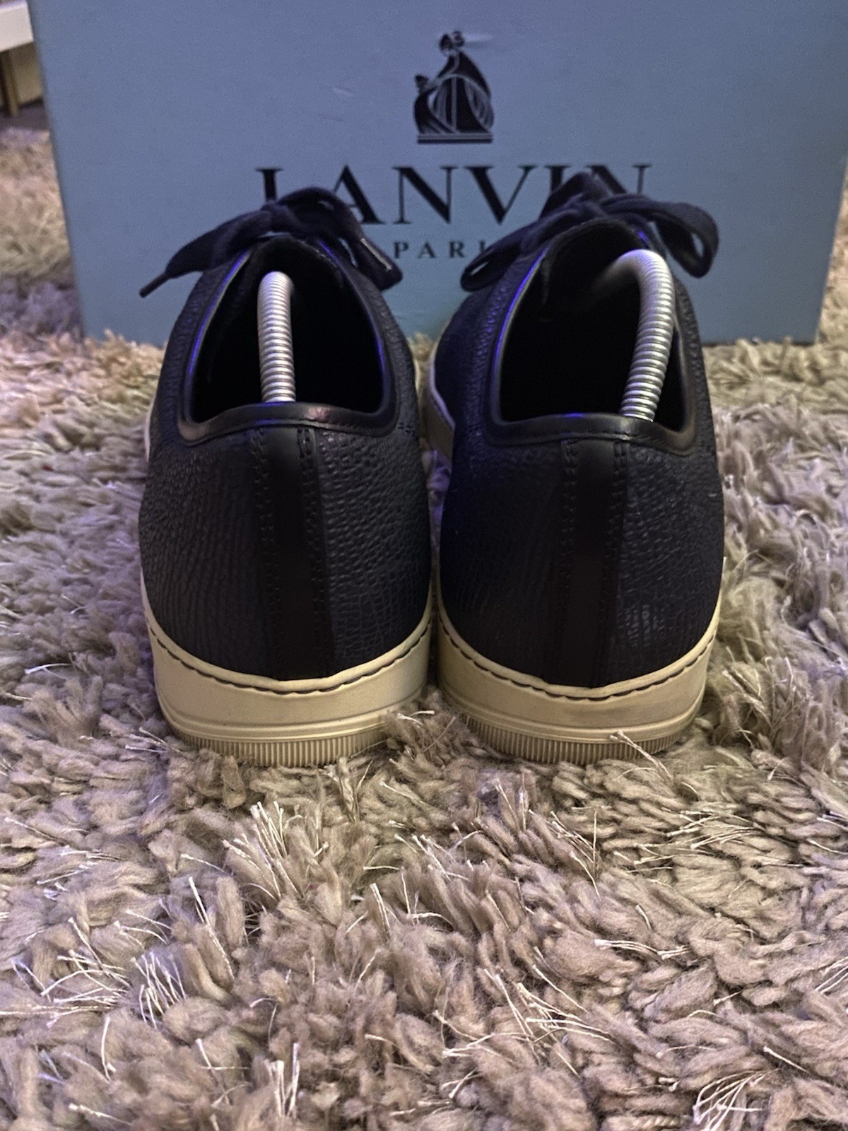 LANVIN Mens DBB1 Navy Embossed Leather Lace Up Sneakers Size UK 10 US 11