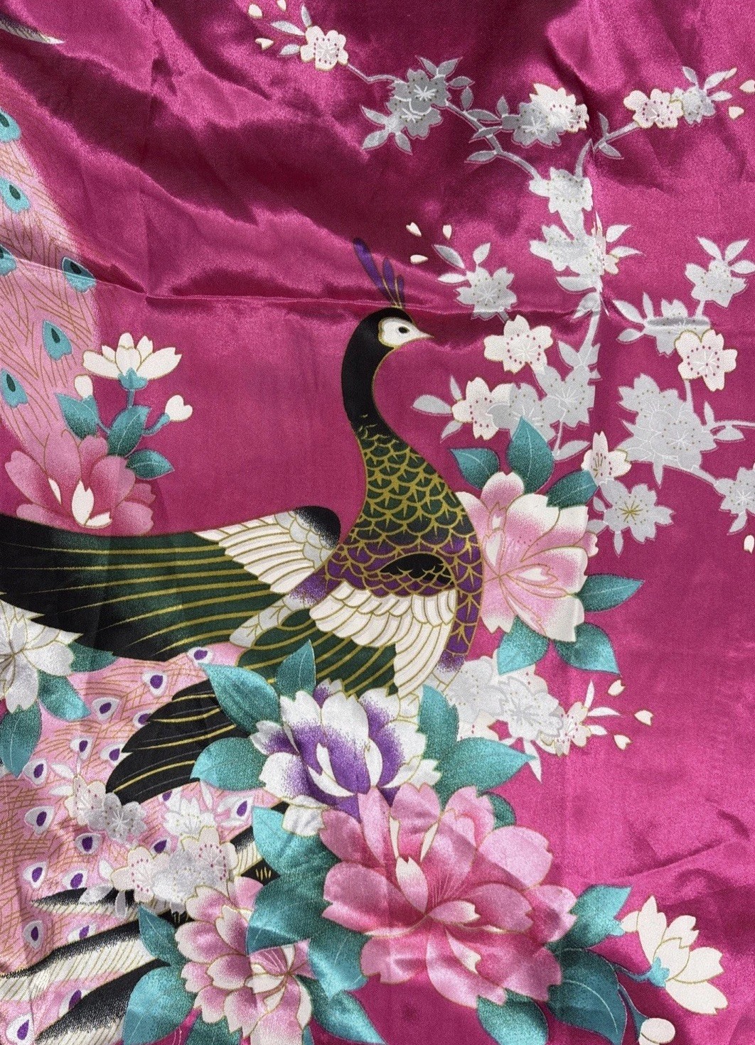 Vtg Singapore Premium Satin Kimono Robe Fuchsia Pink Peacock Floral Geisha OS