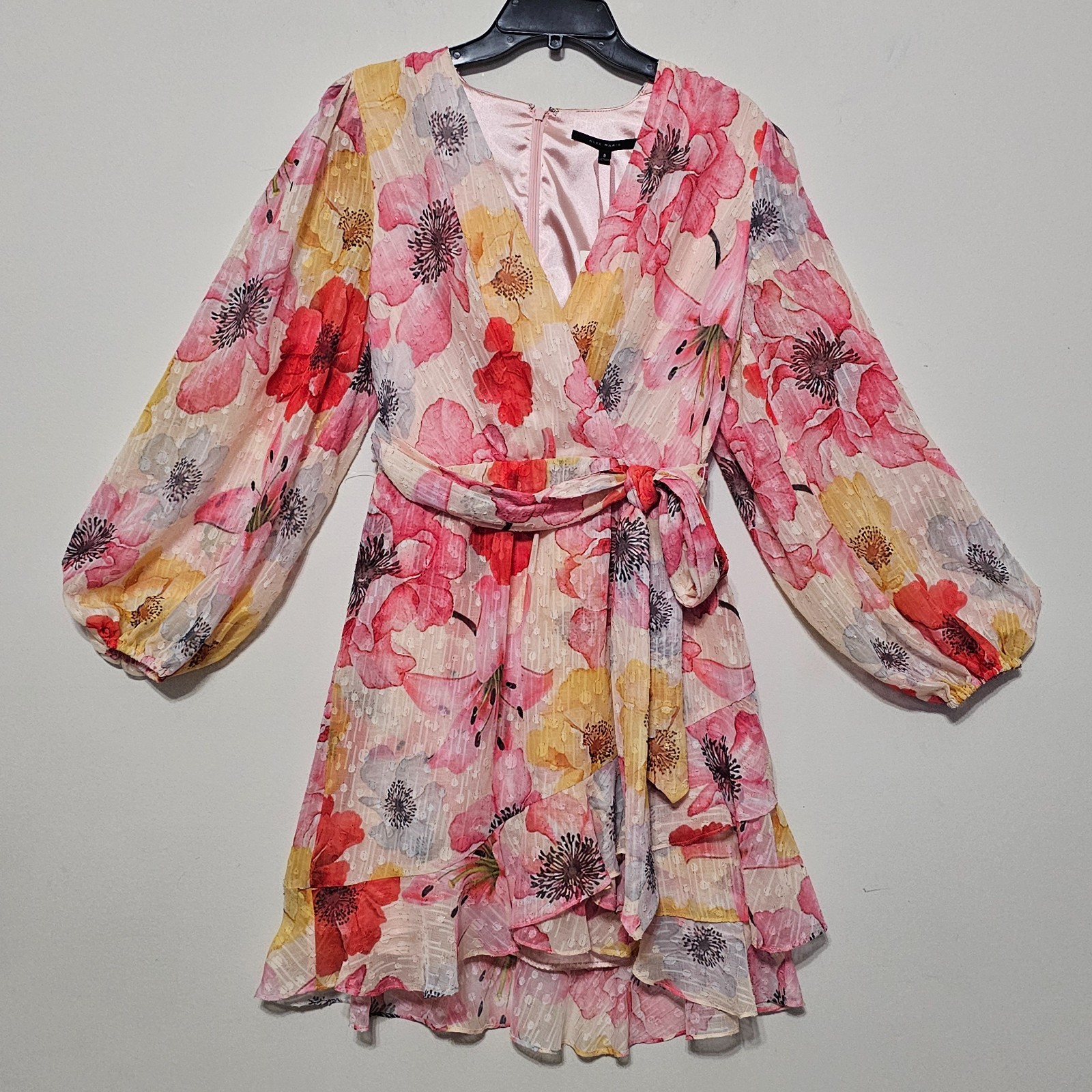 Alex Marie Womens Dress Size 8 Pink Floral Vneck Long Sleeves Mini Faux Wrap 821