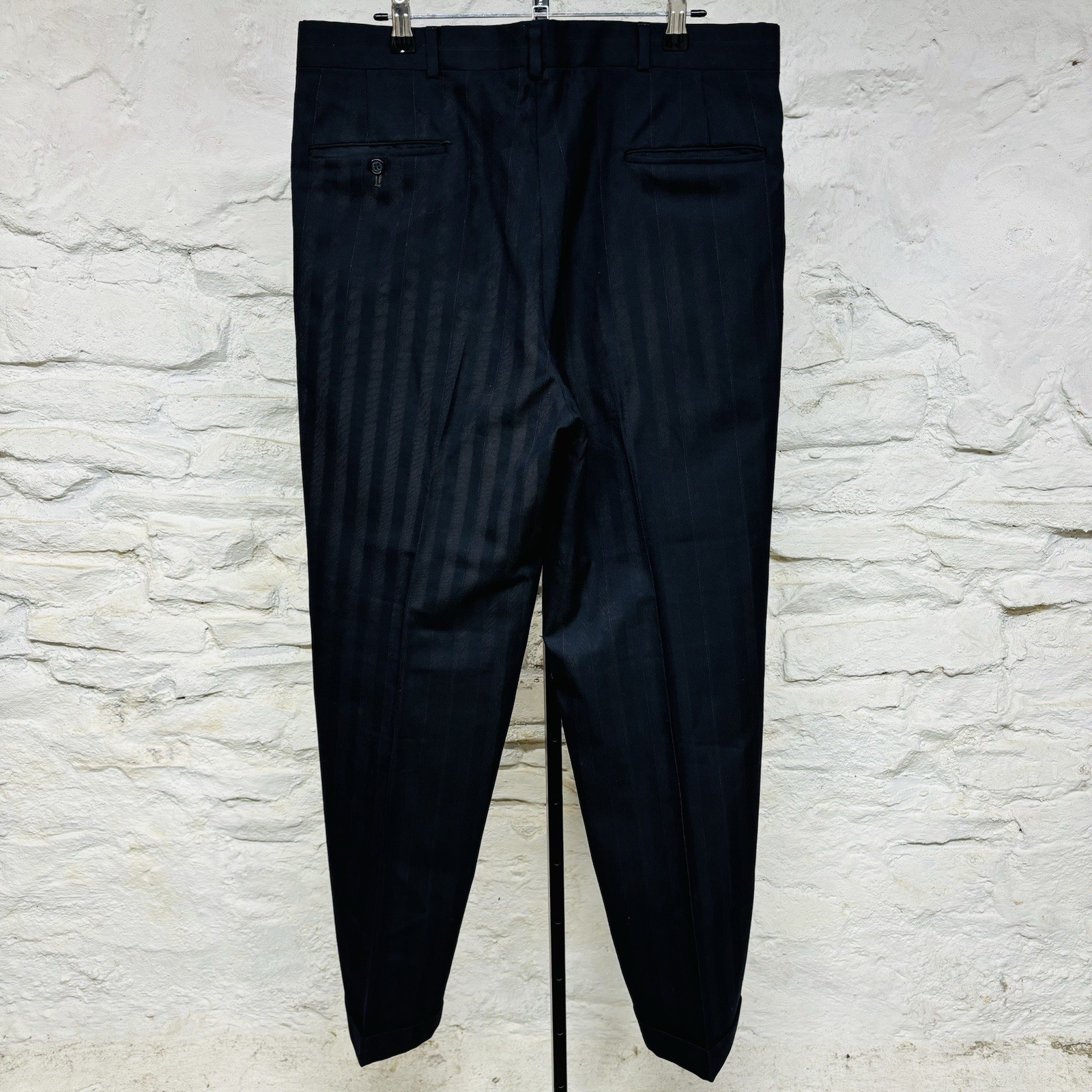 Burberry’s Striped Navy Double Breasted Wool 2-Piece Suit 34×30 Cuffed Pant Vtg