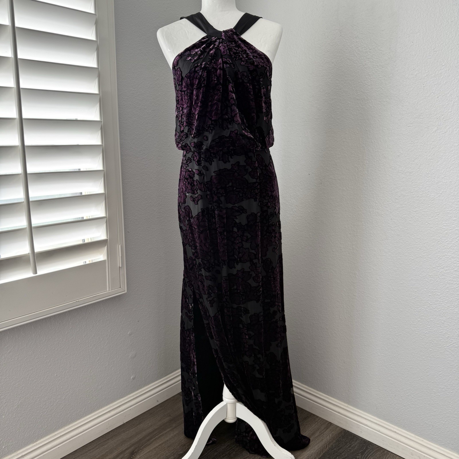 Aidan Mattox Purple Burnout Velvet Maxi Dress Gown Whimsigoth Gothic 4 Vtg