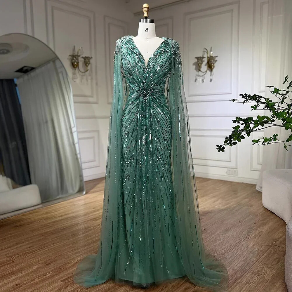Turquoise Evening Dresses with Beading Cape Sleeves Design Wedding Party Gowns