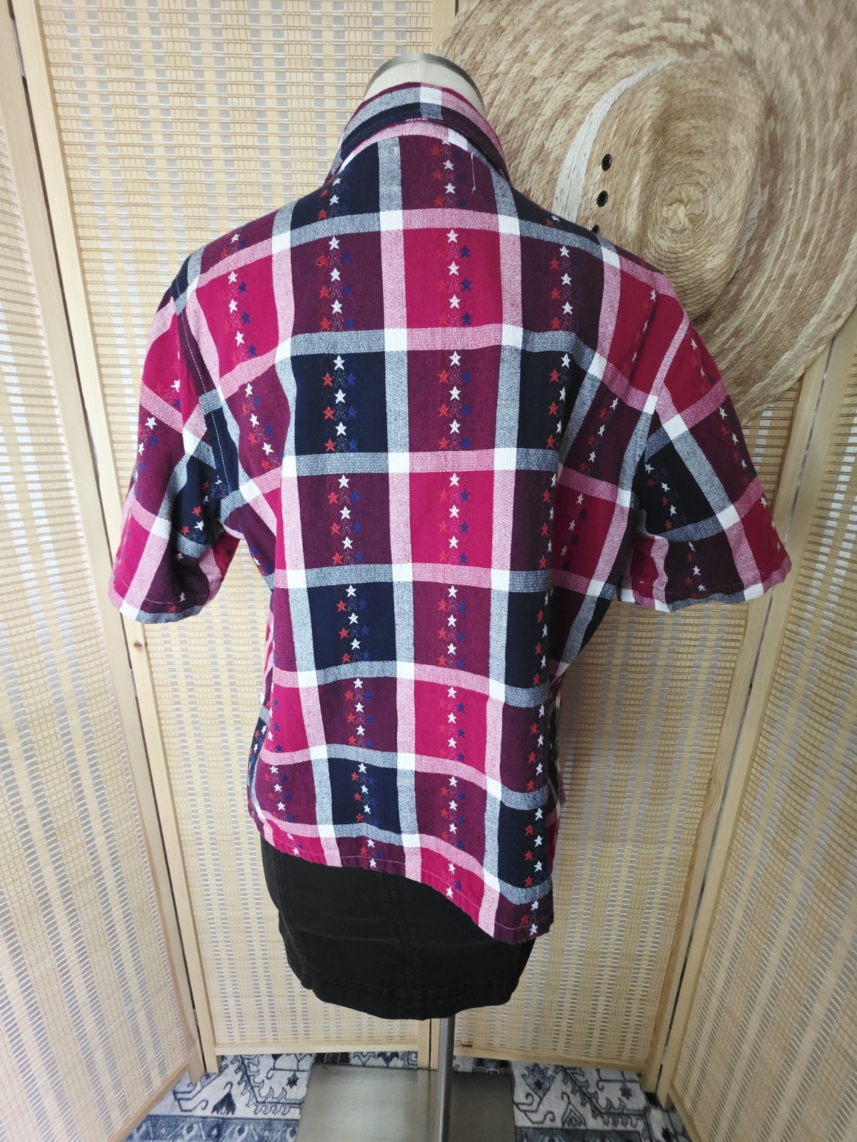 100% Cotton Red White & Navy Blue Plaid Shirt w/ Embroidered Stars, Star Buttons