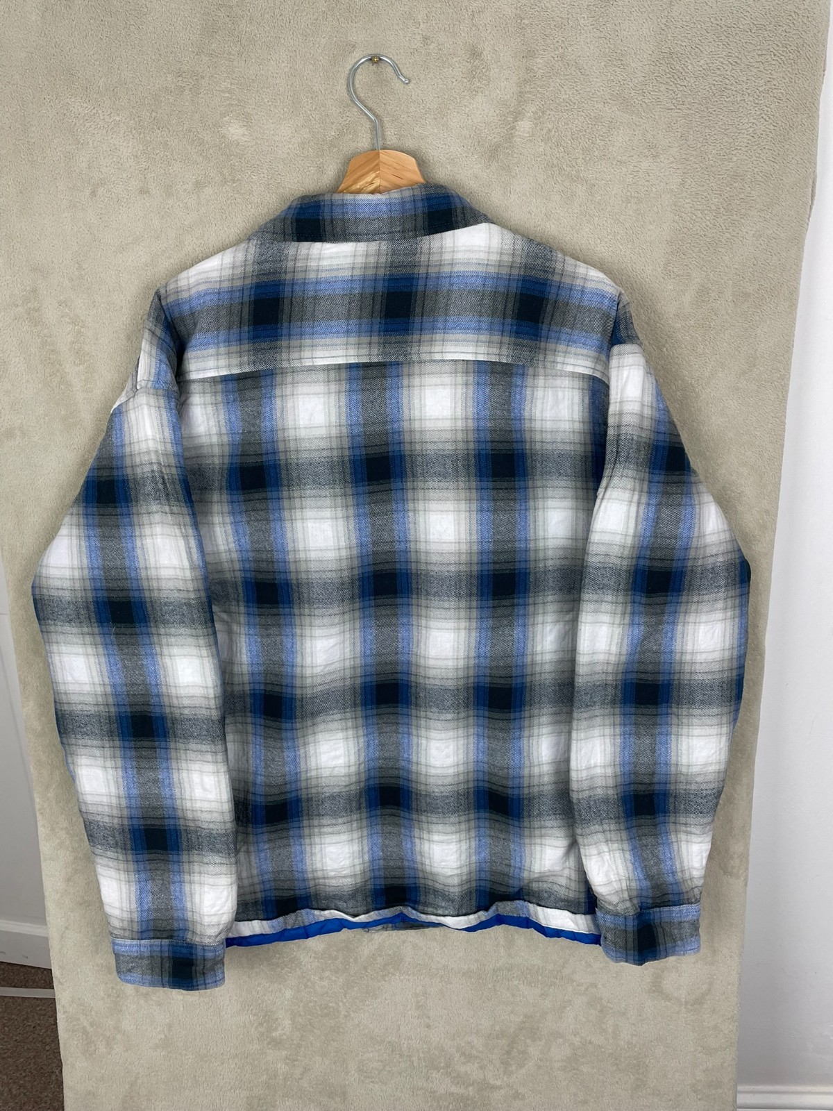 Men’s Lined Plaid Collared Flannel Shacket Jacket Size L Large Button Up Pocket