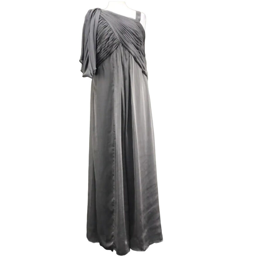 Adrianna Papell Silver Gray Maxi Dress Ruched Pleated Drape Gown MOB Bridesmaid