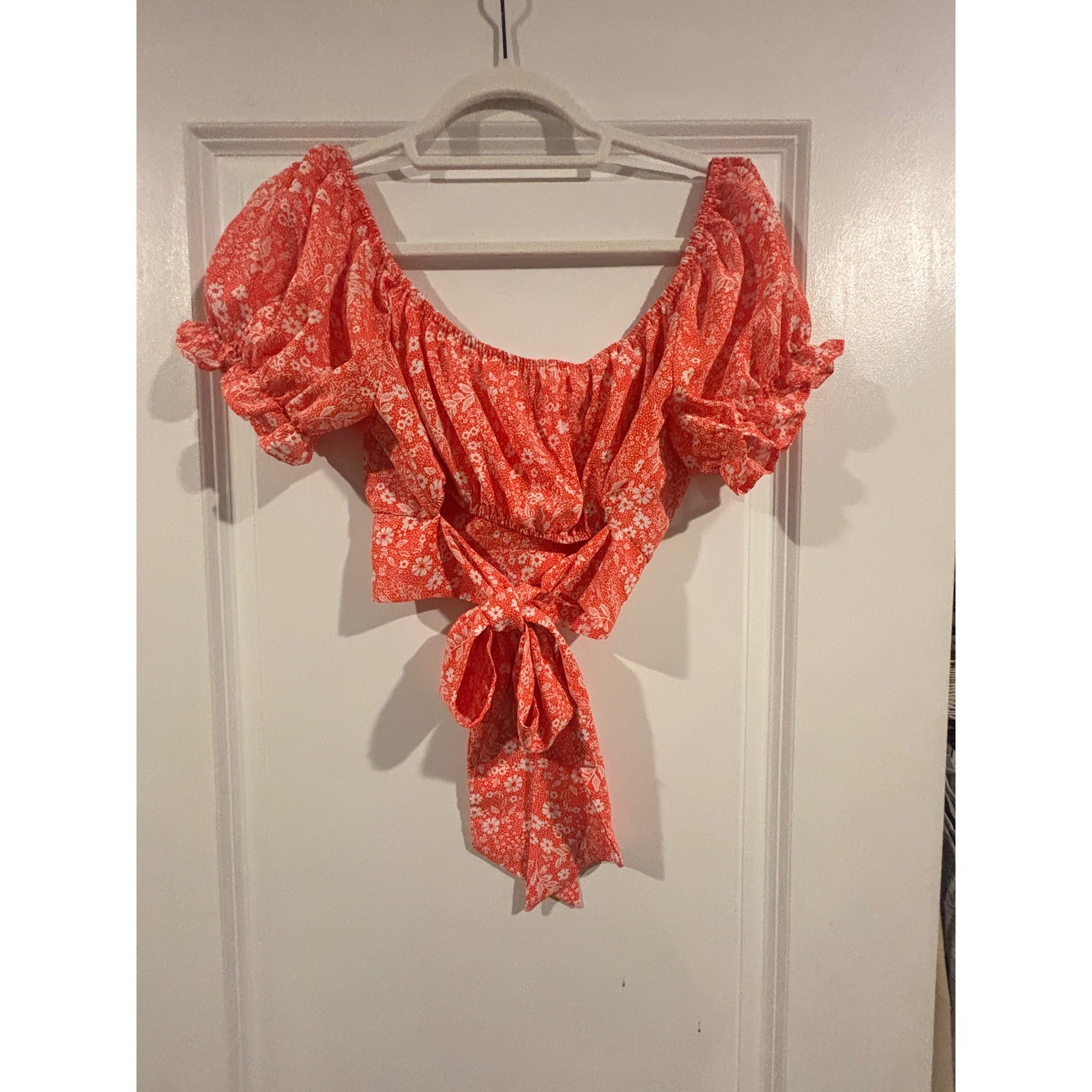 Endless Blu Red Floral Ditsy Tie Front Crop Top Puff Sleeve JT6130 Womens Large