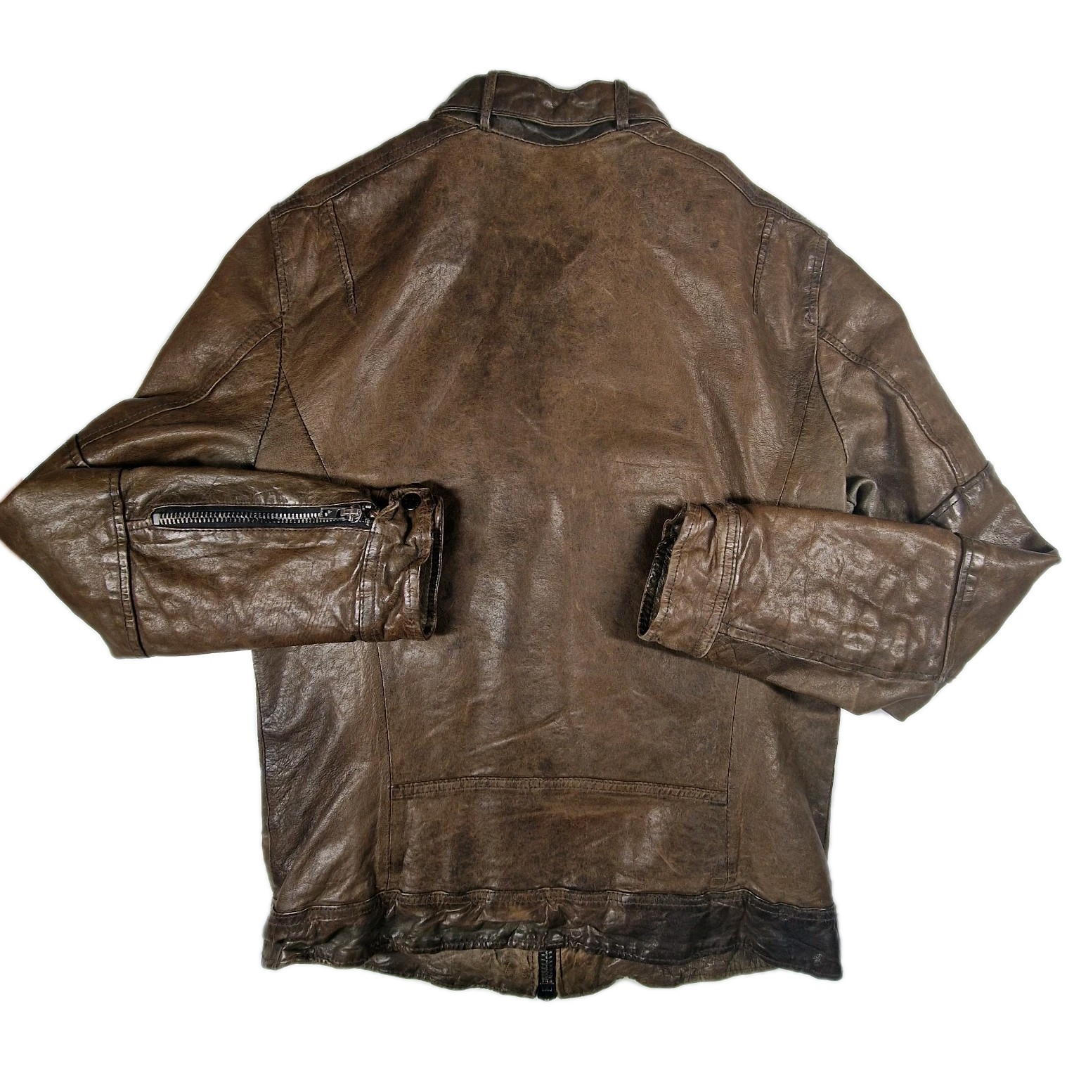 AllSaints Spitalfields Brown Distressed Leather Biker Jacket Mens Medium Pockets