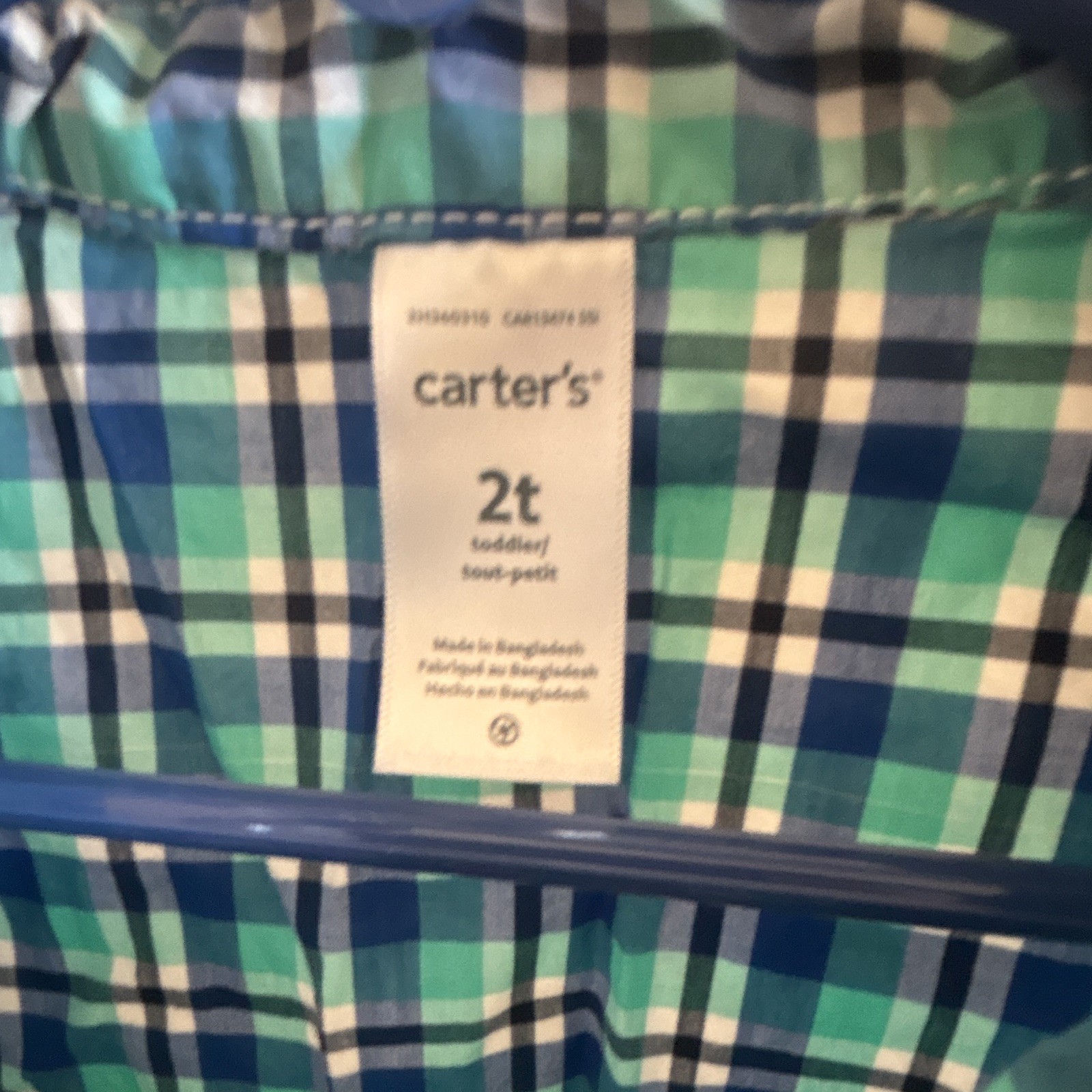 Carter’s Boys 2T Plaid Blue/Green/White Short Sleeve Cotton Button-Up Shirt