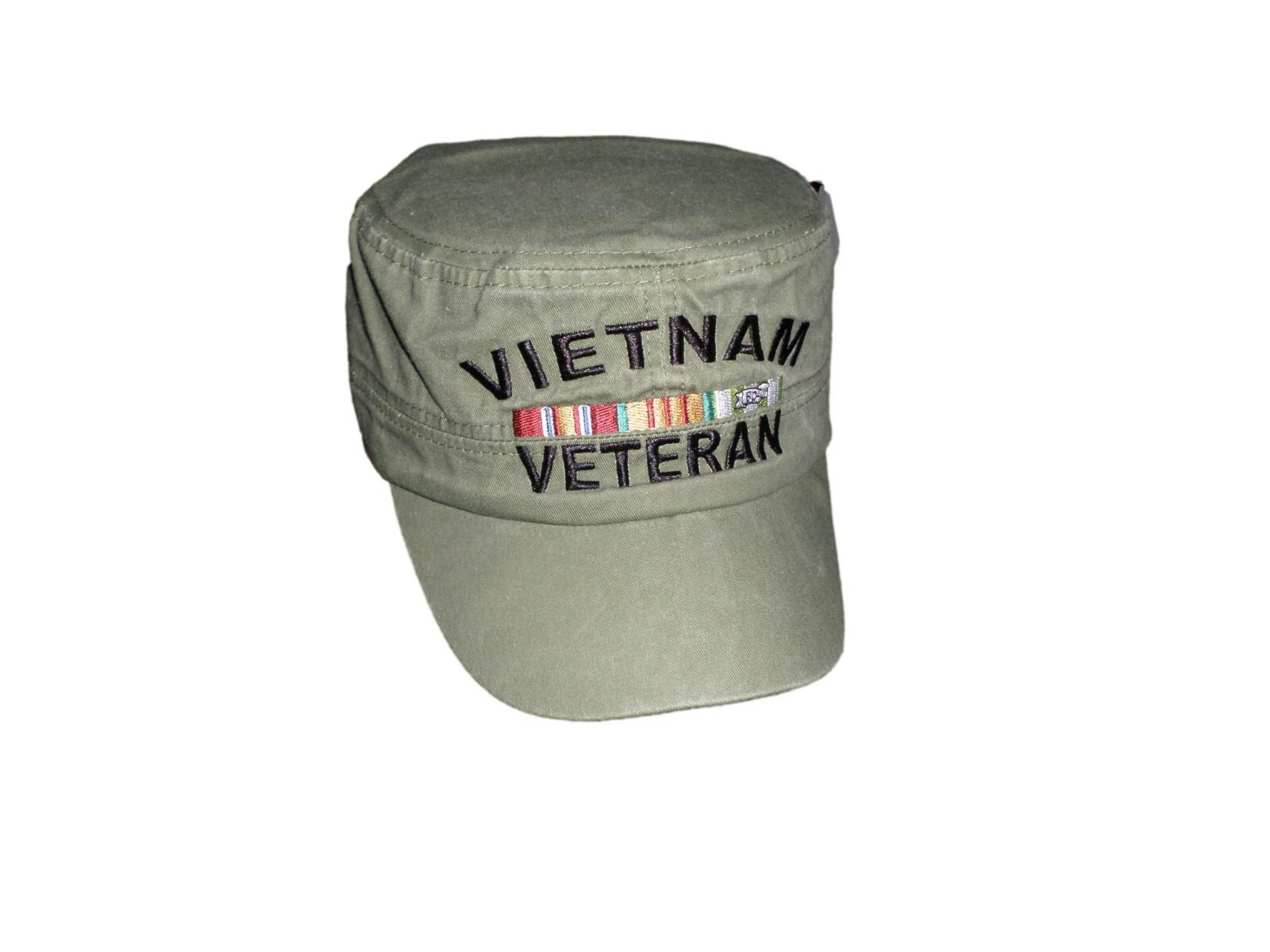 U.S MILITARY VIETNAM VETERAN HAT FLAT TOP OD GREEN BALL CAP VIETNAM RIBBONS