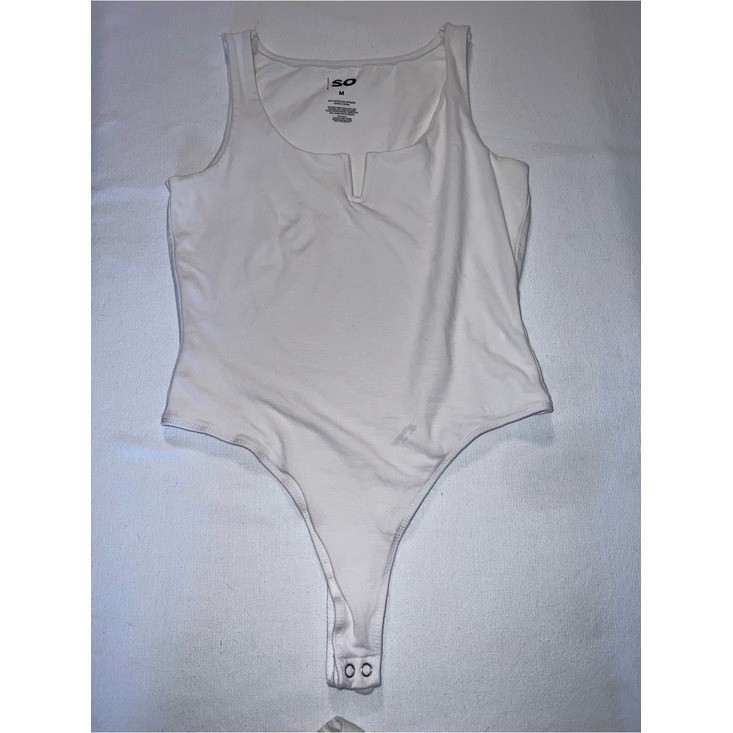 SO White Ribbed Tank One-Piece Bodysuit Notch Neck Capsule Basic