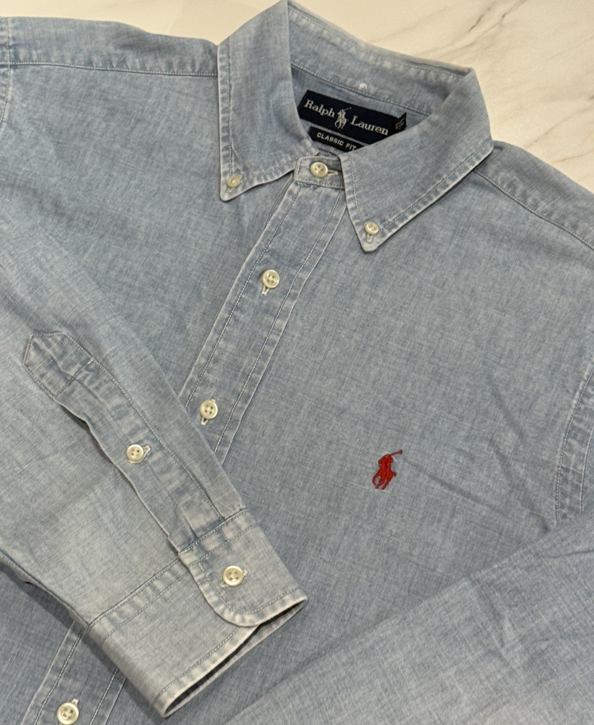 Vintage Polo Ralph Lauren Shirt Mens Medium Blue Denim Long Sleeve Button Down
