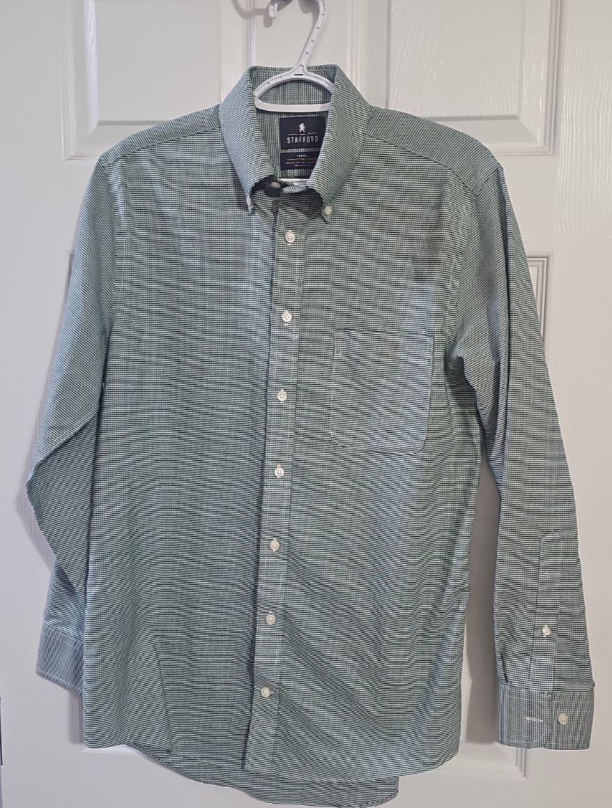 Stafford Travel Wrinkle Free Oxford Dress Shirt 15 32/33 Fitted Green Button Dow