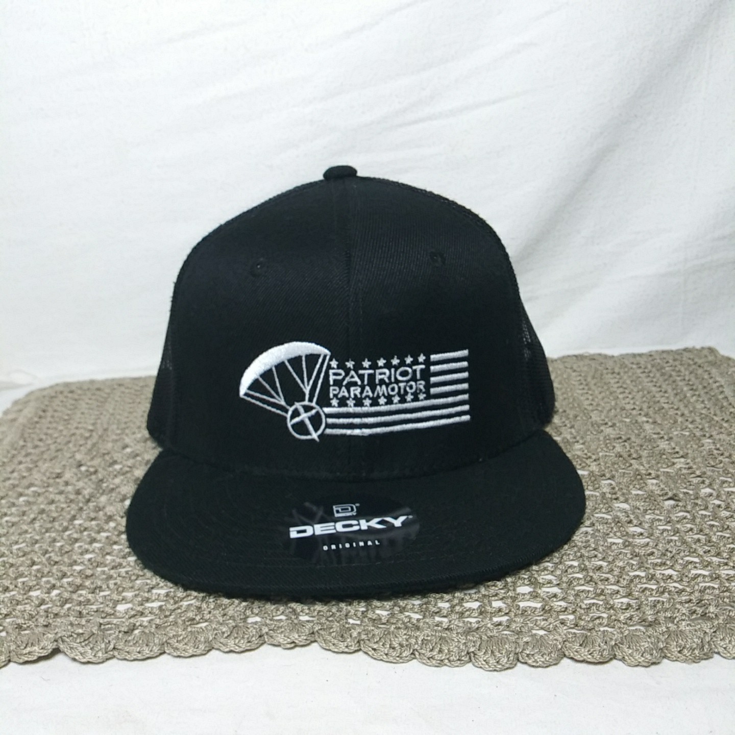 Decky Snapback Hat Patriot Paramotor Mesh Back Black Flat Bill