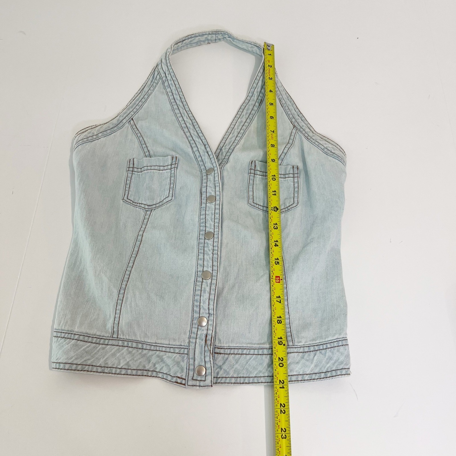 Vtg Faded Glory Denim Halter Top Y2K Light Wash Lace Up Country Western SMALL