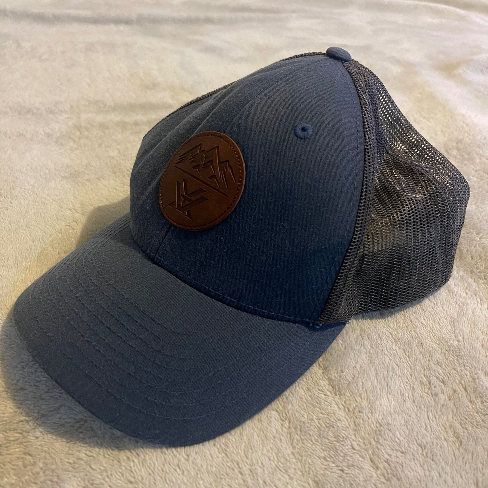 Vortex Outdoor Mesh Trucker Hat Blue Brown Mountains Leather Patch Cap Men