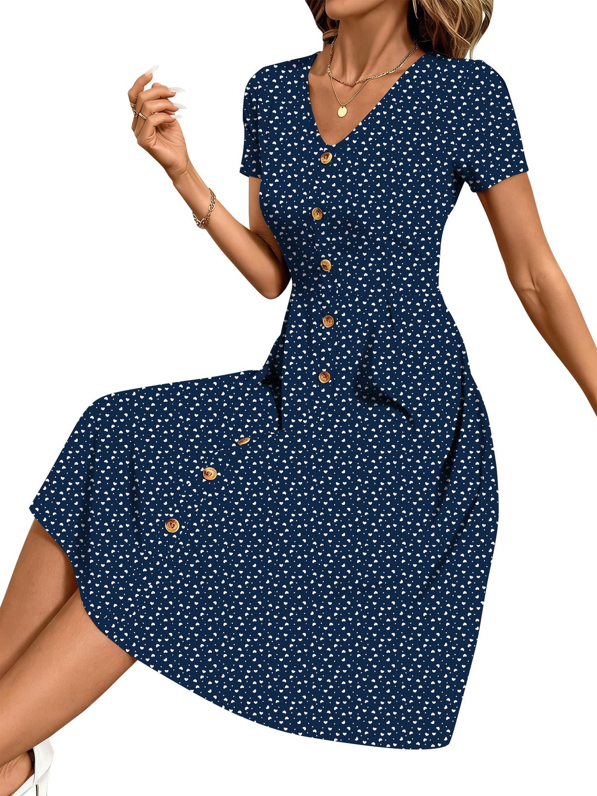 Women Summer Dress Floral Button Midi Sundress Short Sleeve V Neck Polka Dot