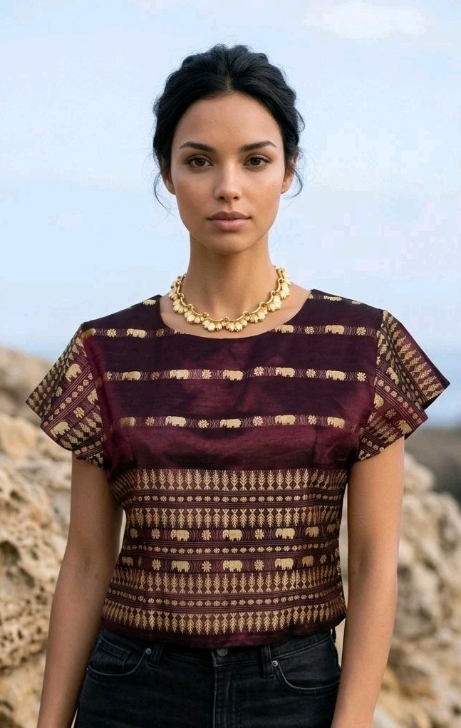 Thai Silk Blouse Top Embroidery Elephants Burgundy Gold Boho Bollywood Tribal L