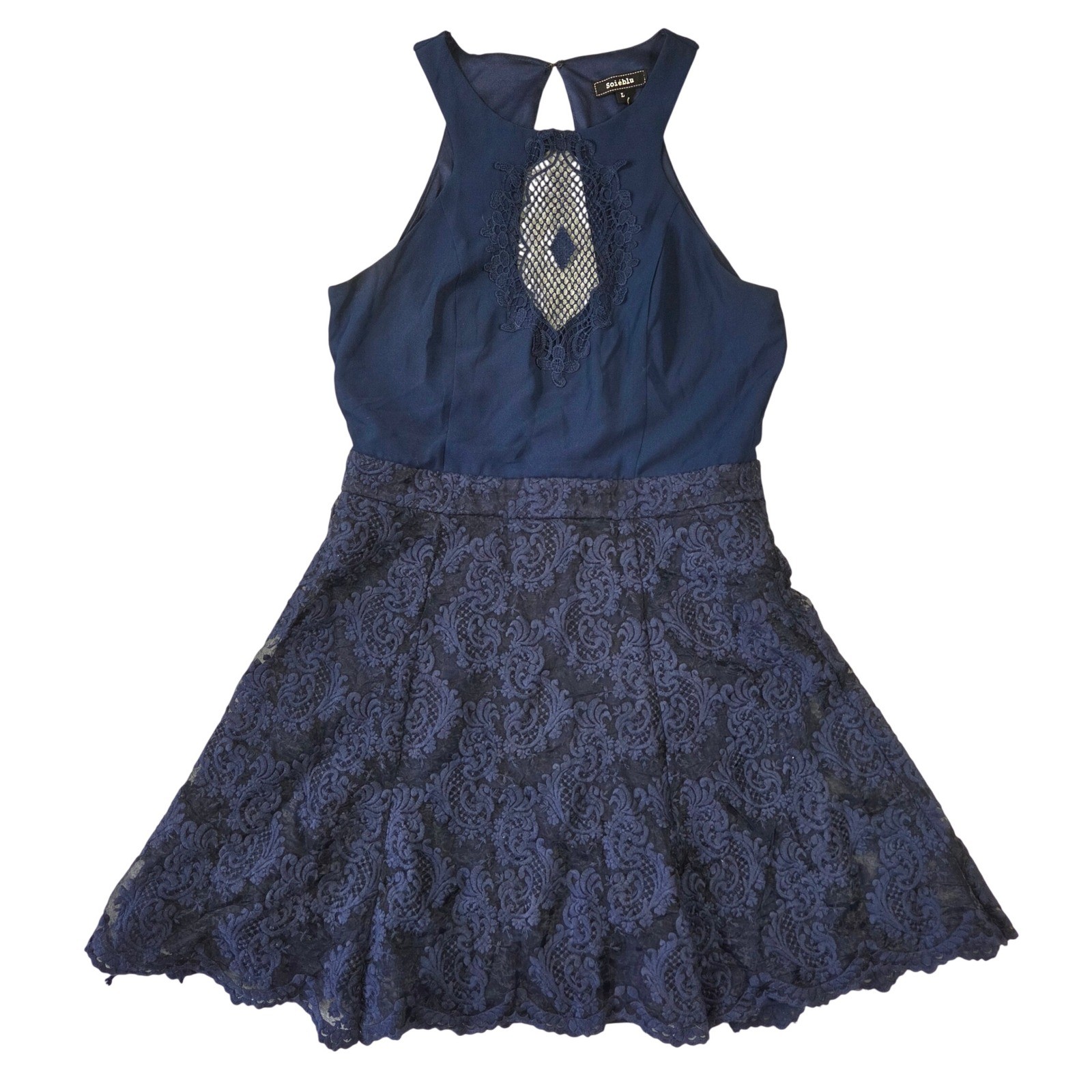 Soieblu Navy Blue Lace Fit and Flare Halter Dress Women Large Crochet L Boho
