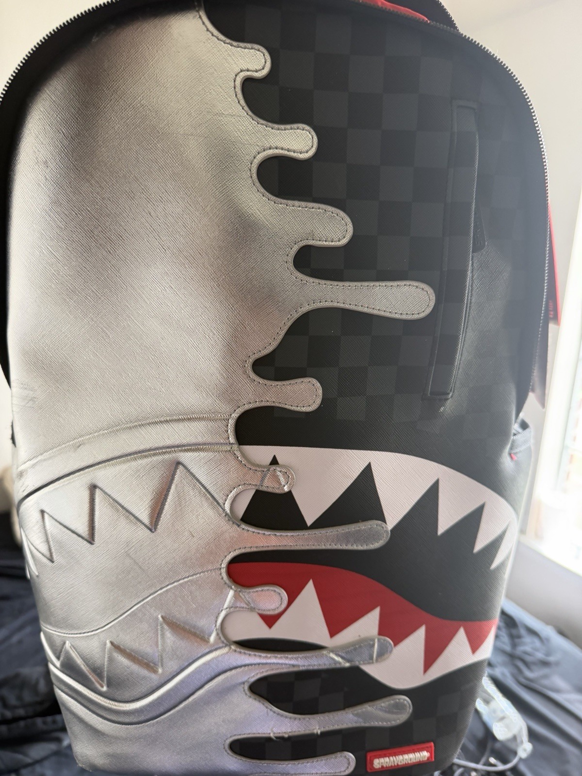 Sprayground Sharkmouth Checkered Backpack Black/Silver/Red Zip Men Large