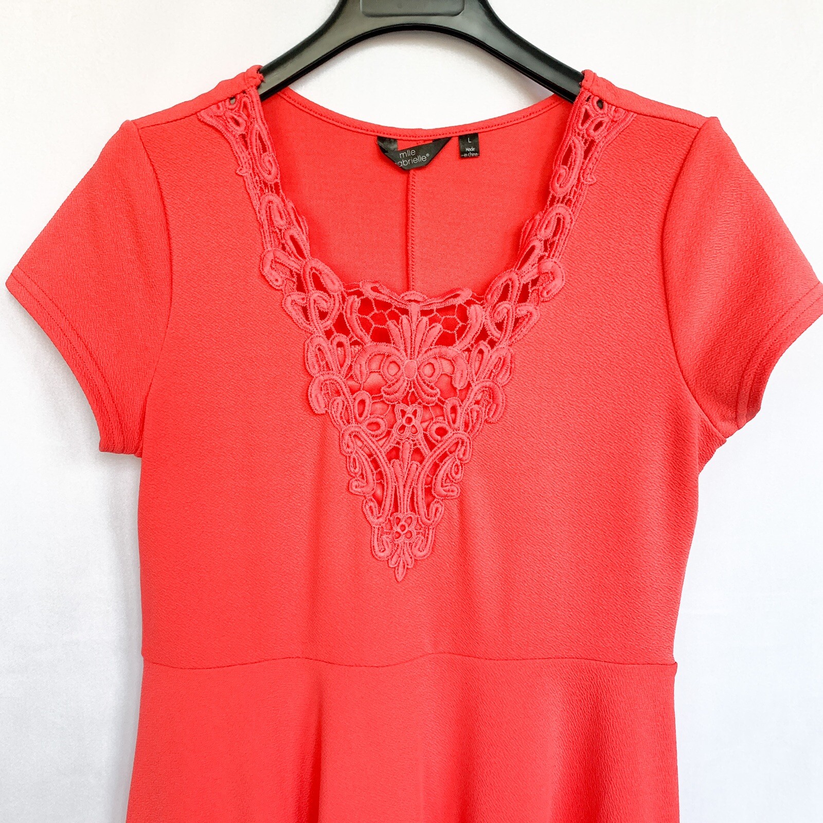 Mlle Gabrielle Fit and Flare Dress Size L Bright Coral/Peach Crochet Textured