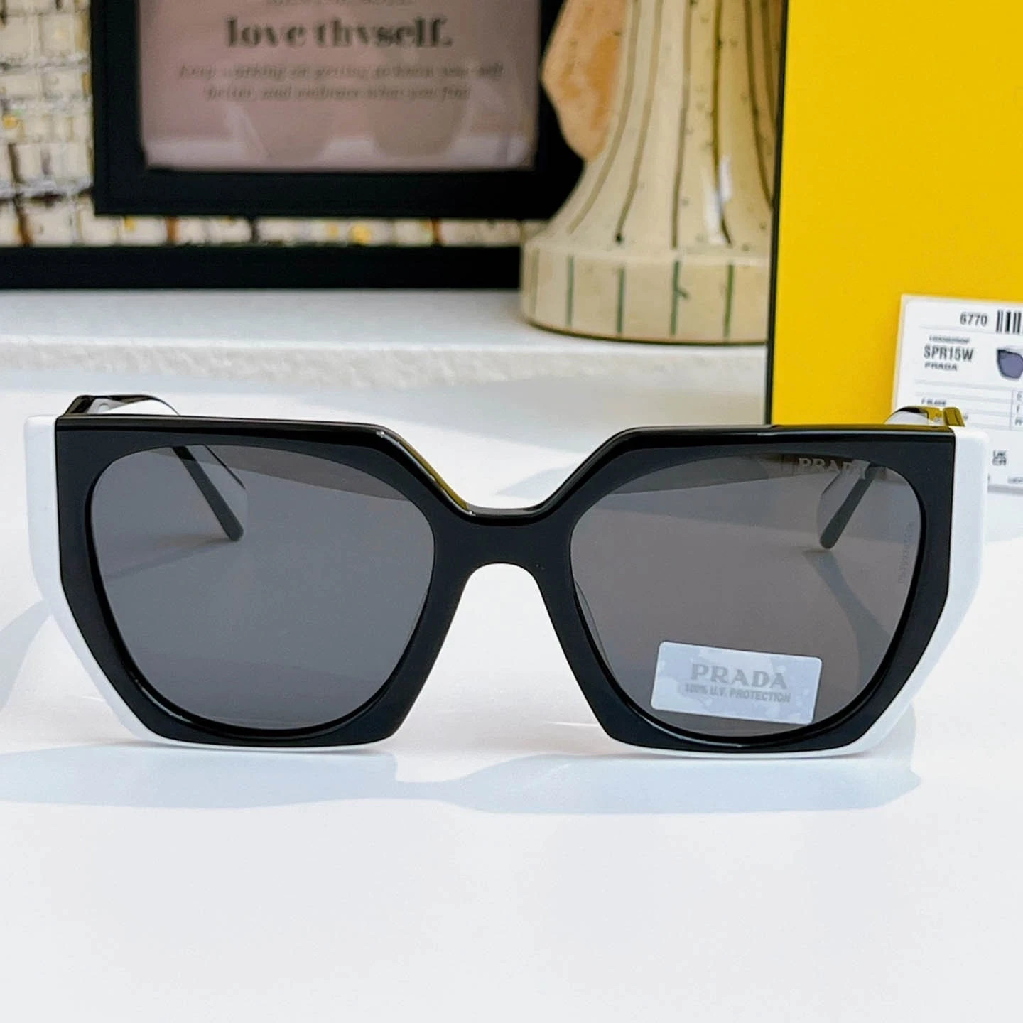 Prada PR 15WS Oversize Square Sunglasses Women Black White Frame UV400 Authentic