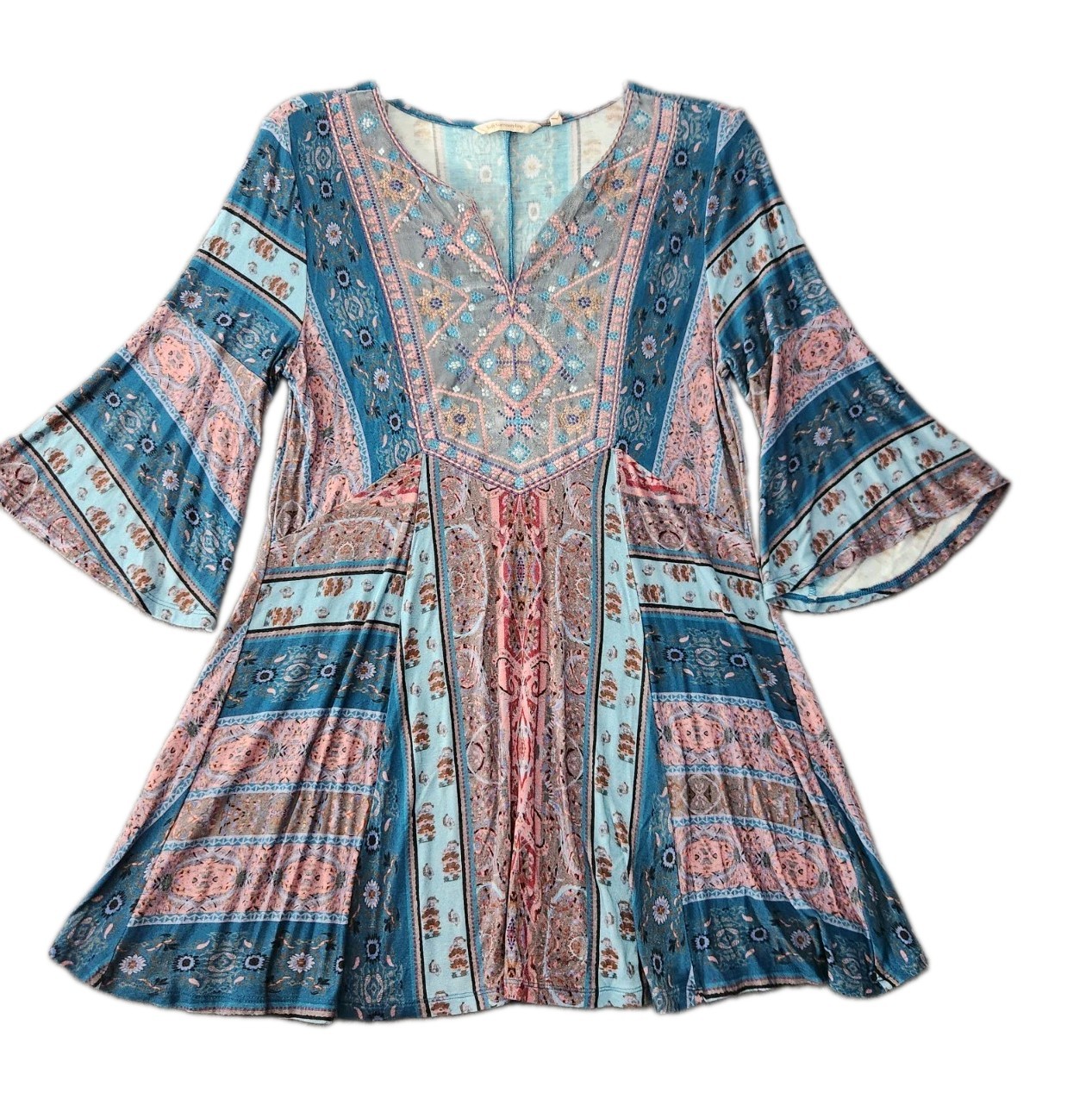 Soft Surroundings Sz M Boho Chic Whimsy Fairy Tunic Embroidered 3/4 Bell Sleeves