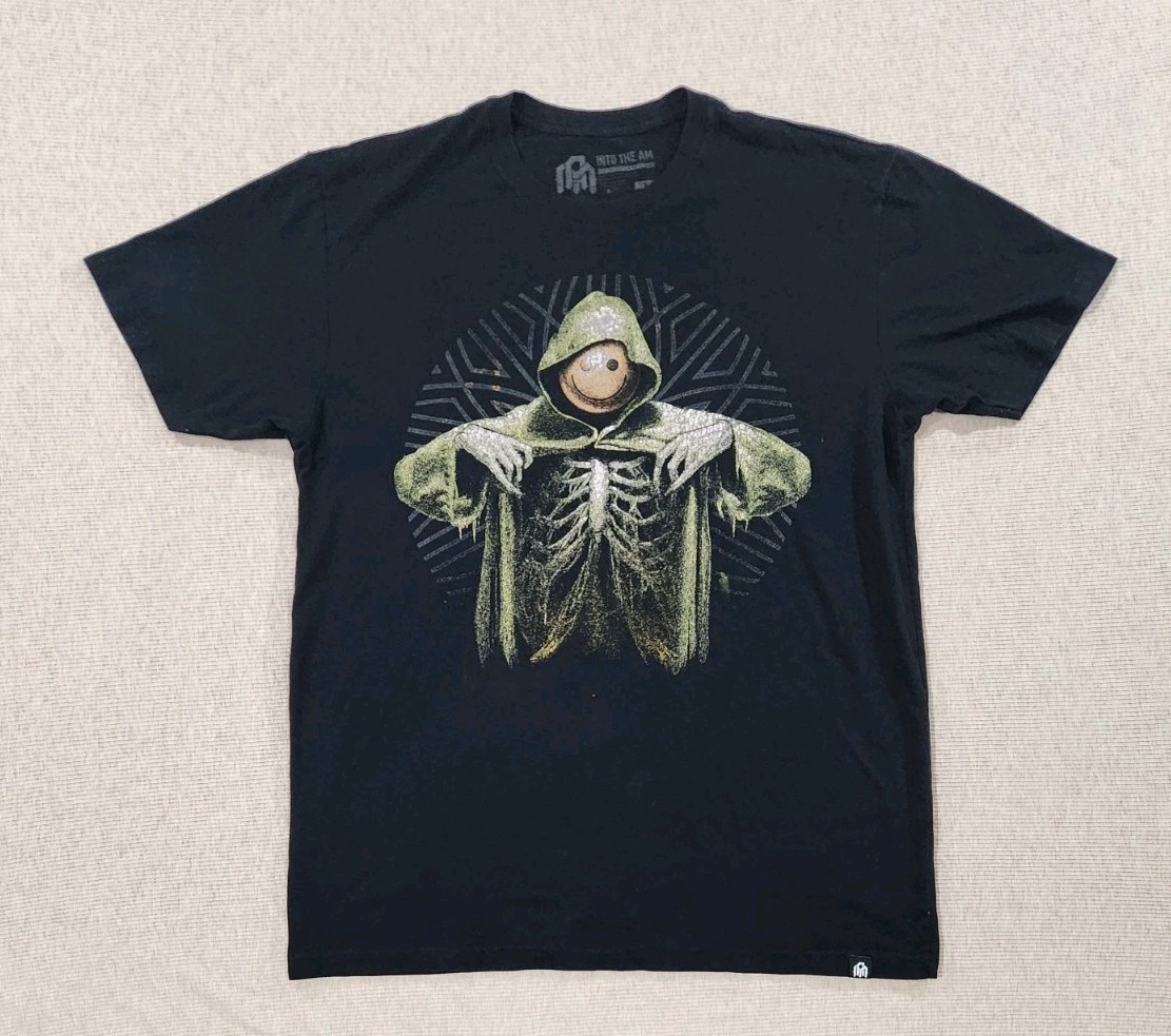 Into the AM Smiley Skeleton Reaper Graphic T-Shirt Mens Large Black Distressed