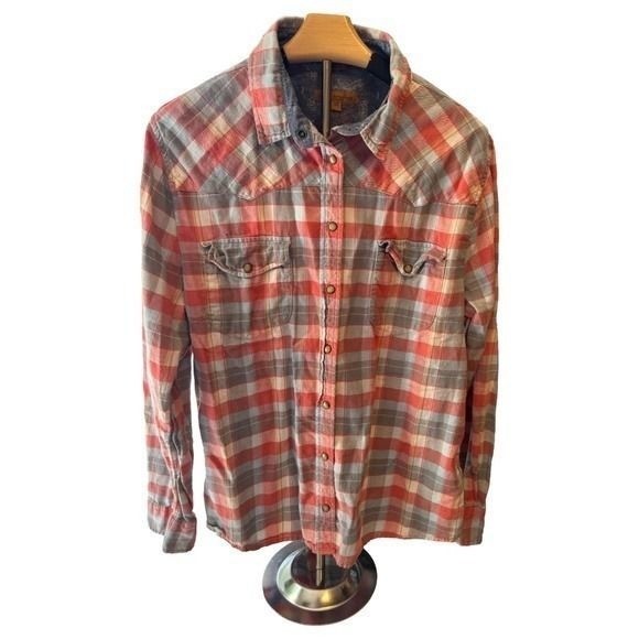 Jach’s Girlfriend Red Grey Plaid Western Flannel Snap Button Shirt Womens XL