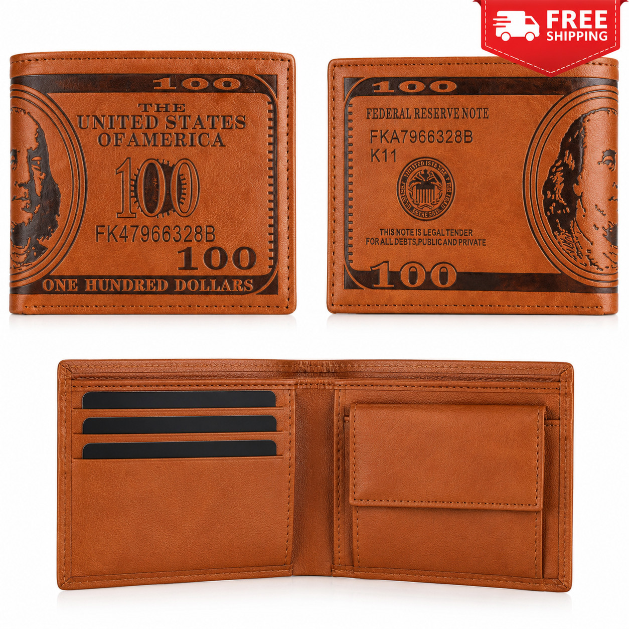 Men’s Leather Wallet $100 Dollar Bill Design Bifold Credit Card Holder Brown