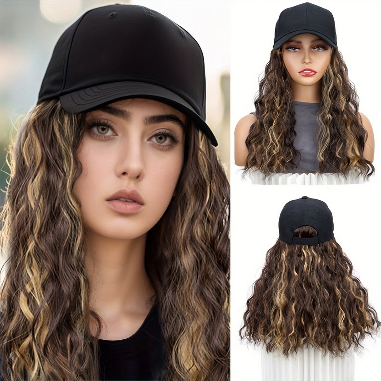 Baseball Cap Hat w/ Synthetic Hair,Long Curly Wavy Baseball Cap w/ Hair Extensio