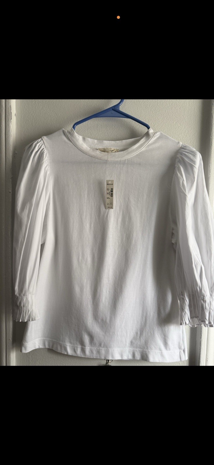 Madewell Women’s XS White Solid Crew Neck 3/4 Puff Sleeve 100% Cotton Knit Top