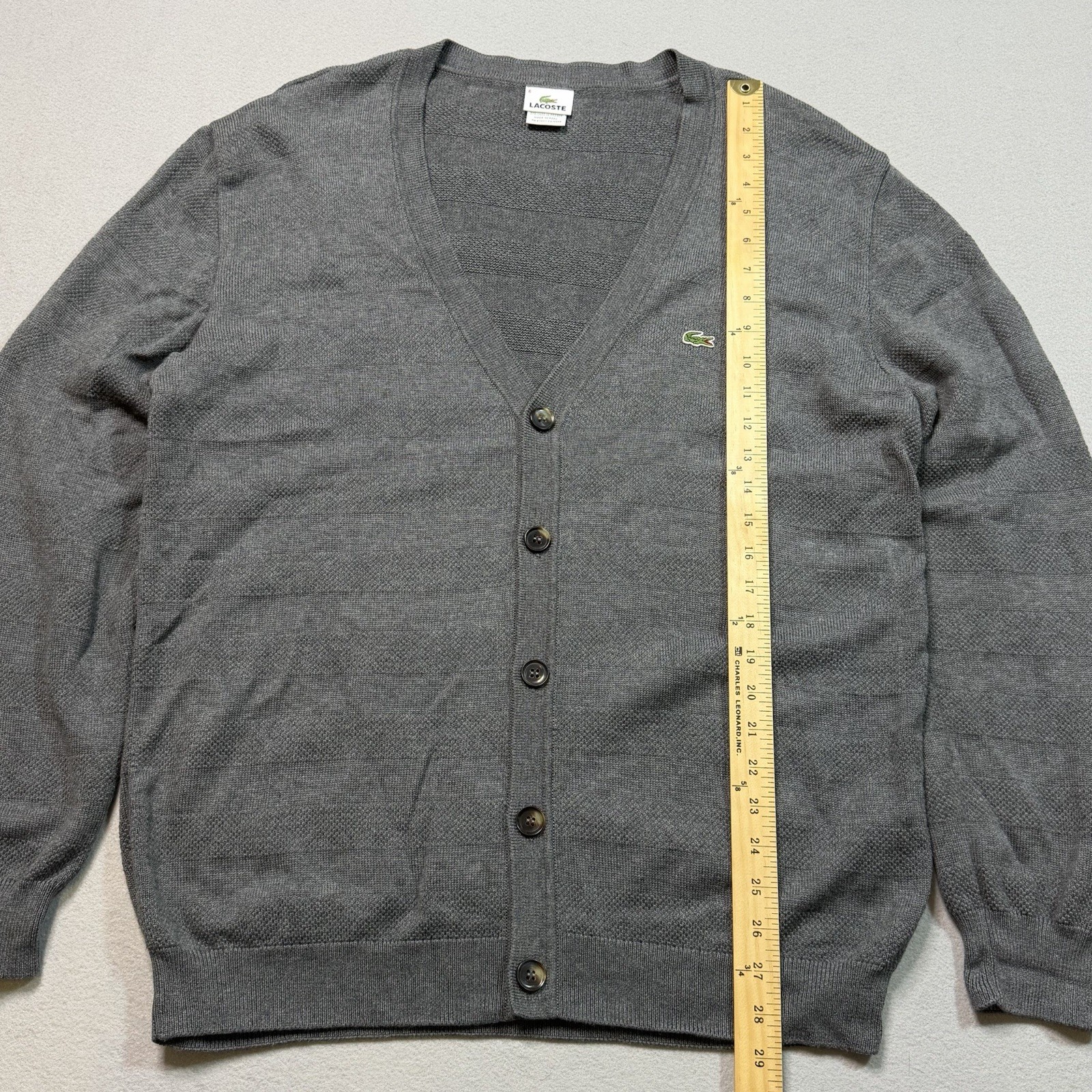 Lacoste Gray Cardigan Button Front Sweater Men’s Sz 6 XL Strip Pattern
