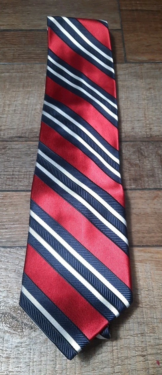 Paul Frederick 100% Imported Silk Mens Tie Blue, Red, Gray Stripe