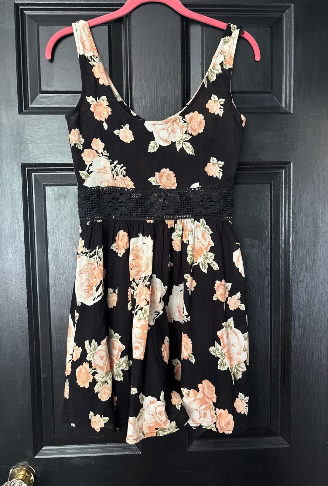 Topshop black peach coral floral round neck sleeveless knee length dress 6