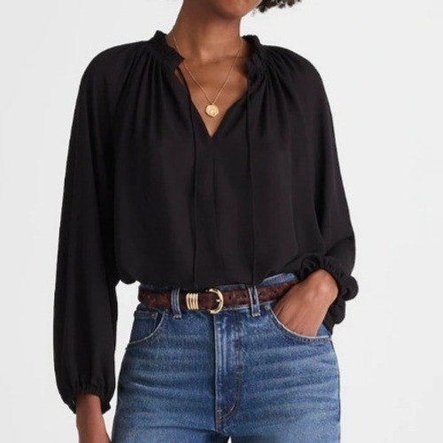 Madewell Long-Sleeve Tie-Neck Top Blouse Jet Black NY328 Womens Small NWT