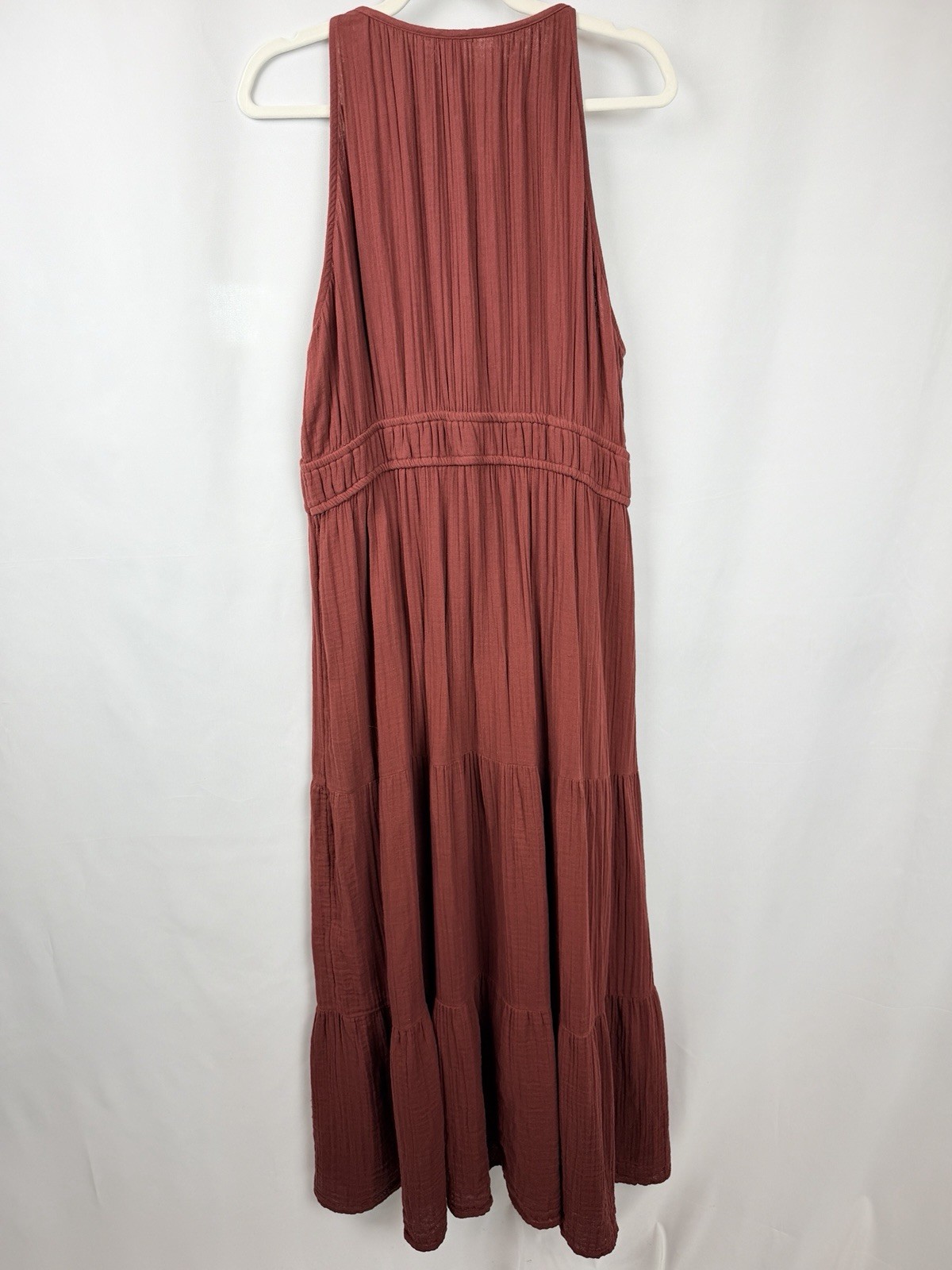 Old Navy Gauze Maxi Dress XL Rust Tiered Boho Sleeveless Tie Neck Cotton
