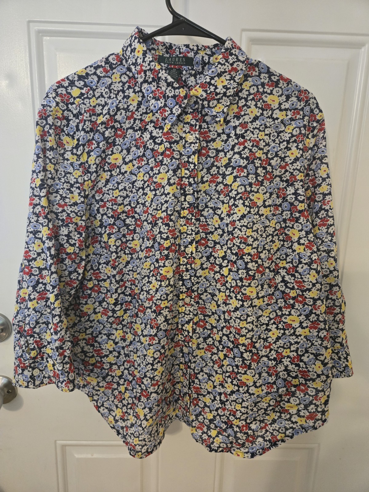 Lauren Ralph Lauren Women’s Blouse-3/4 Sleeves- Cotton, Sz 2X Navy/ White Floral