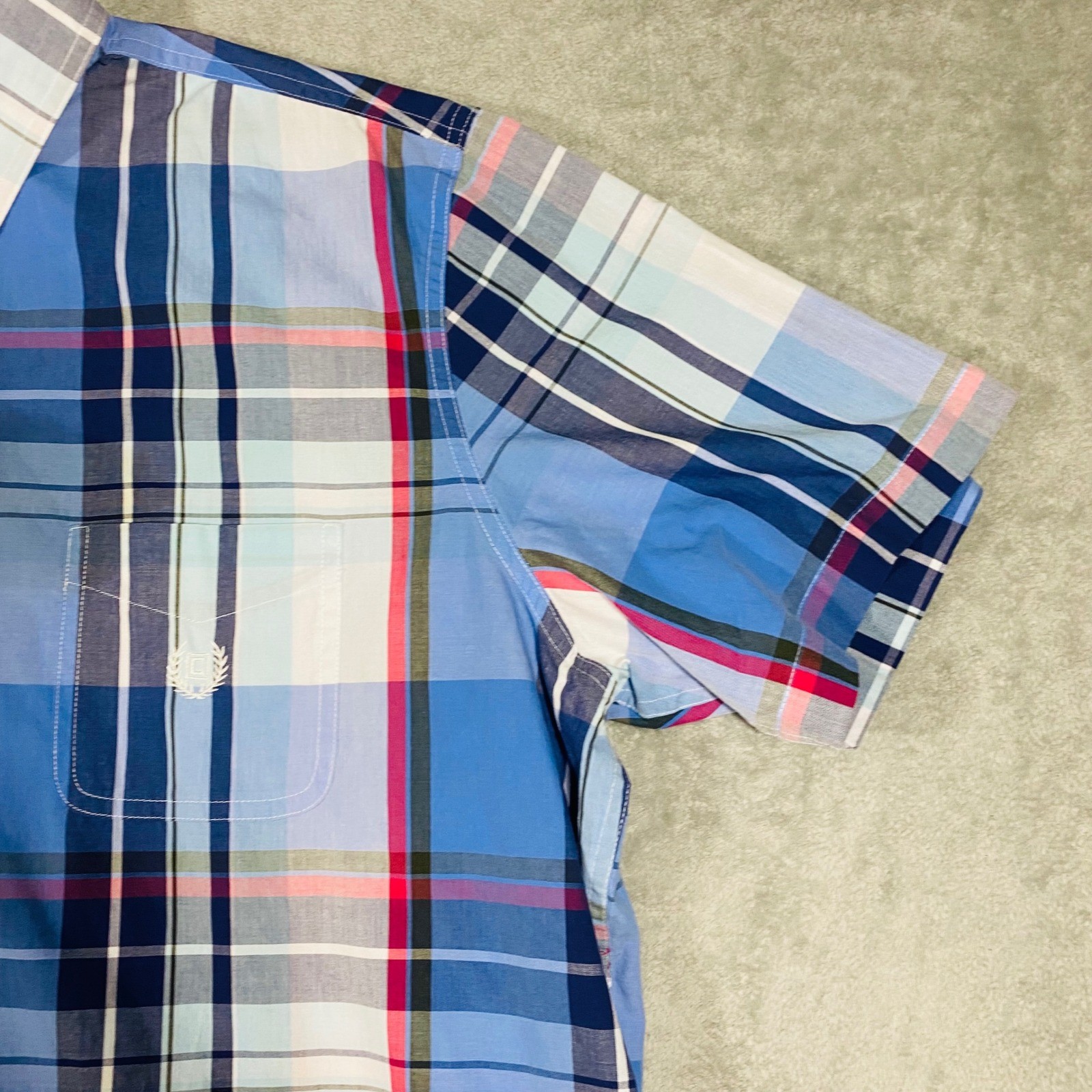 Chaps Button Down Shirt Mens XXL Blue Pink Plaid Short Sleeve Easy Care