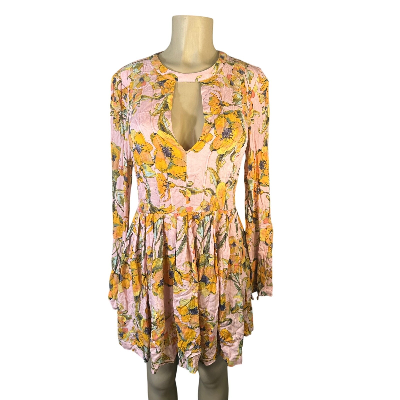 NWT Women 4 Free People Purple Tegan Printed Long Slv Mini Dress Boho Rayon