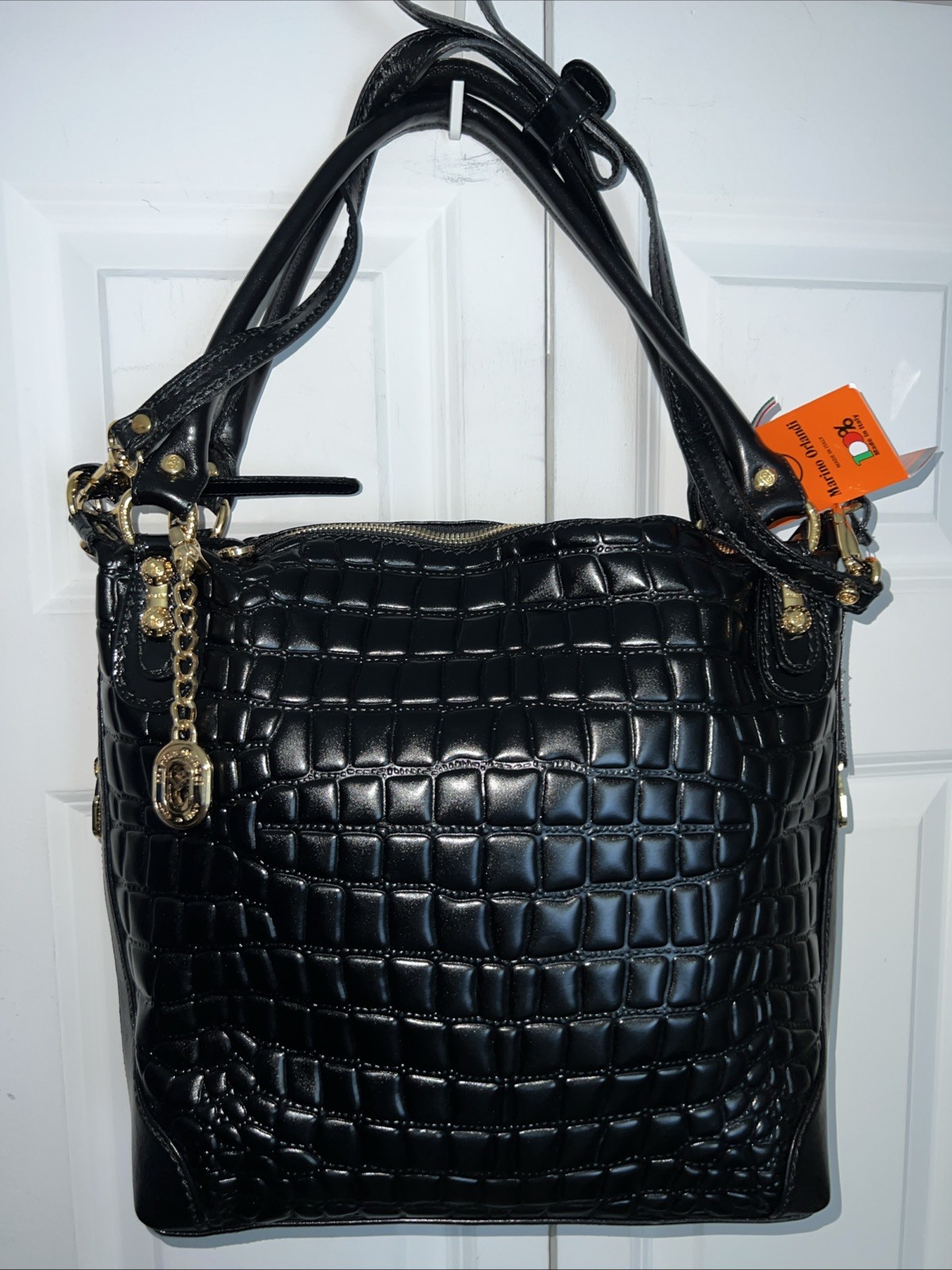 NWT MARINO ORLANDI ITALIAN DESIGNER CROC LEATHER BLACK SATCHEL SHOULDER BAG 4228