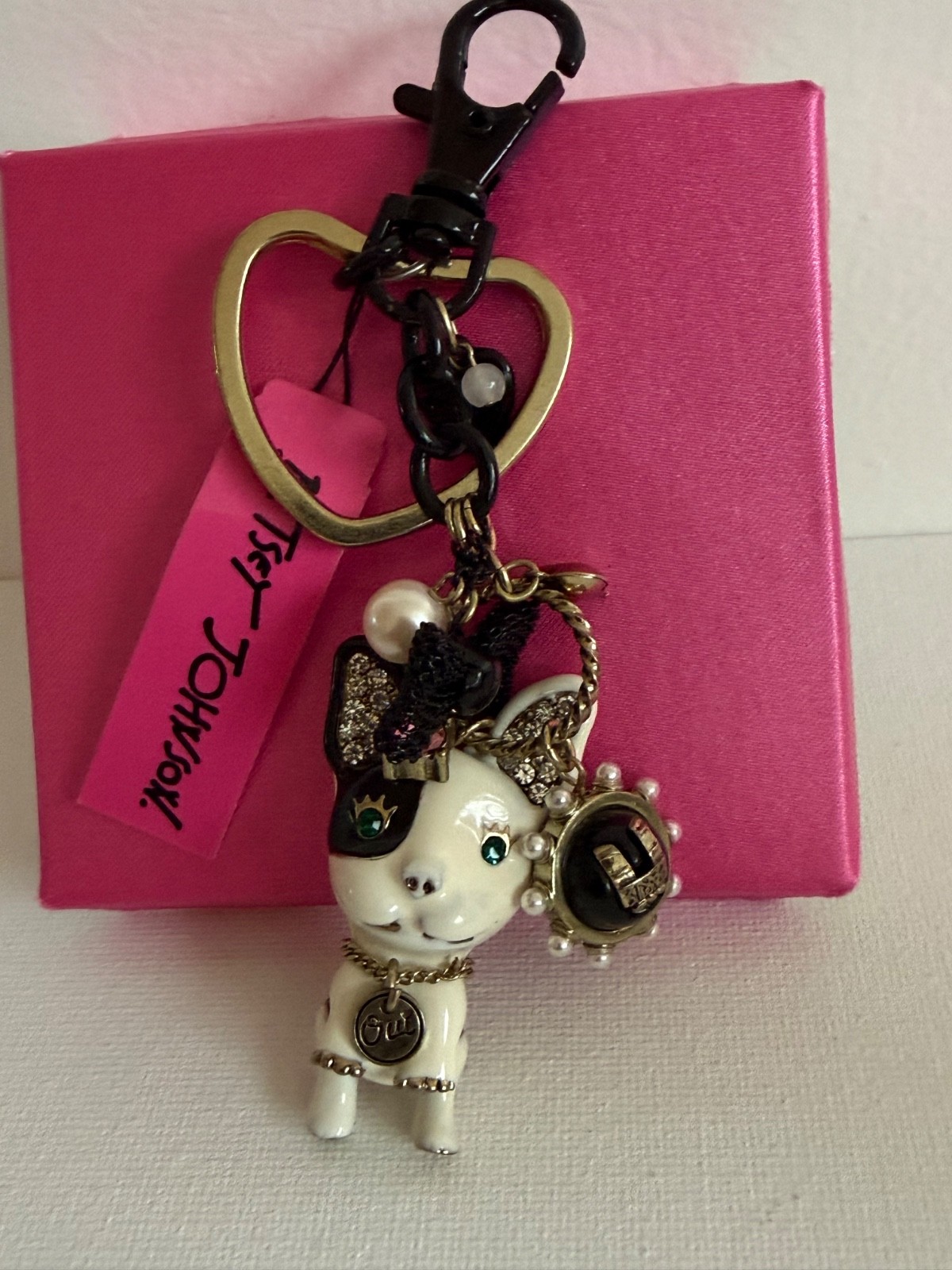 Rare Betsey Johnson Vintage Paris French Bulldog Keychain Bag Charm New In Box