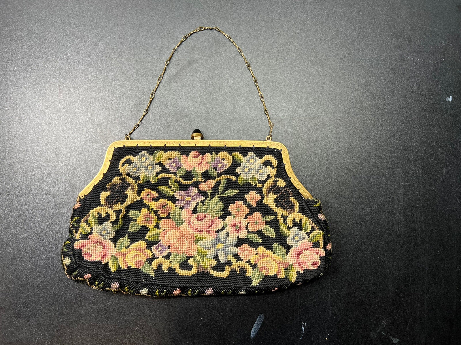 Antique Fine Petit Point Tapestry Bag/Purse with Delicately Detailed Frame