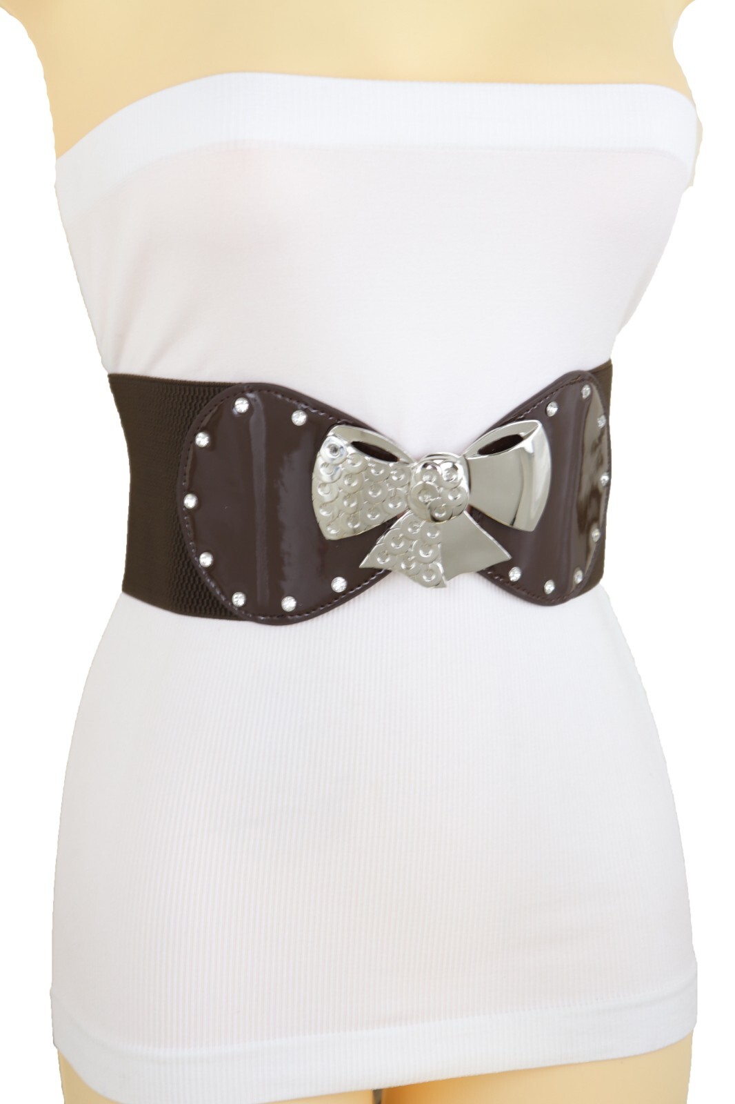 Women Dark Brown / Gold Color Wide Fashion Belt Metal Bow Tie Ribbon Buckle S M