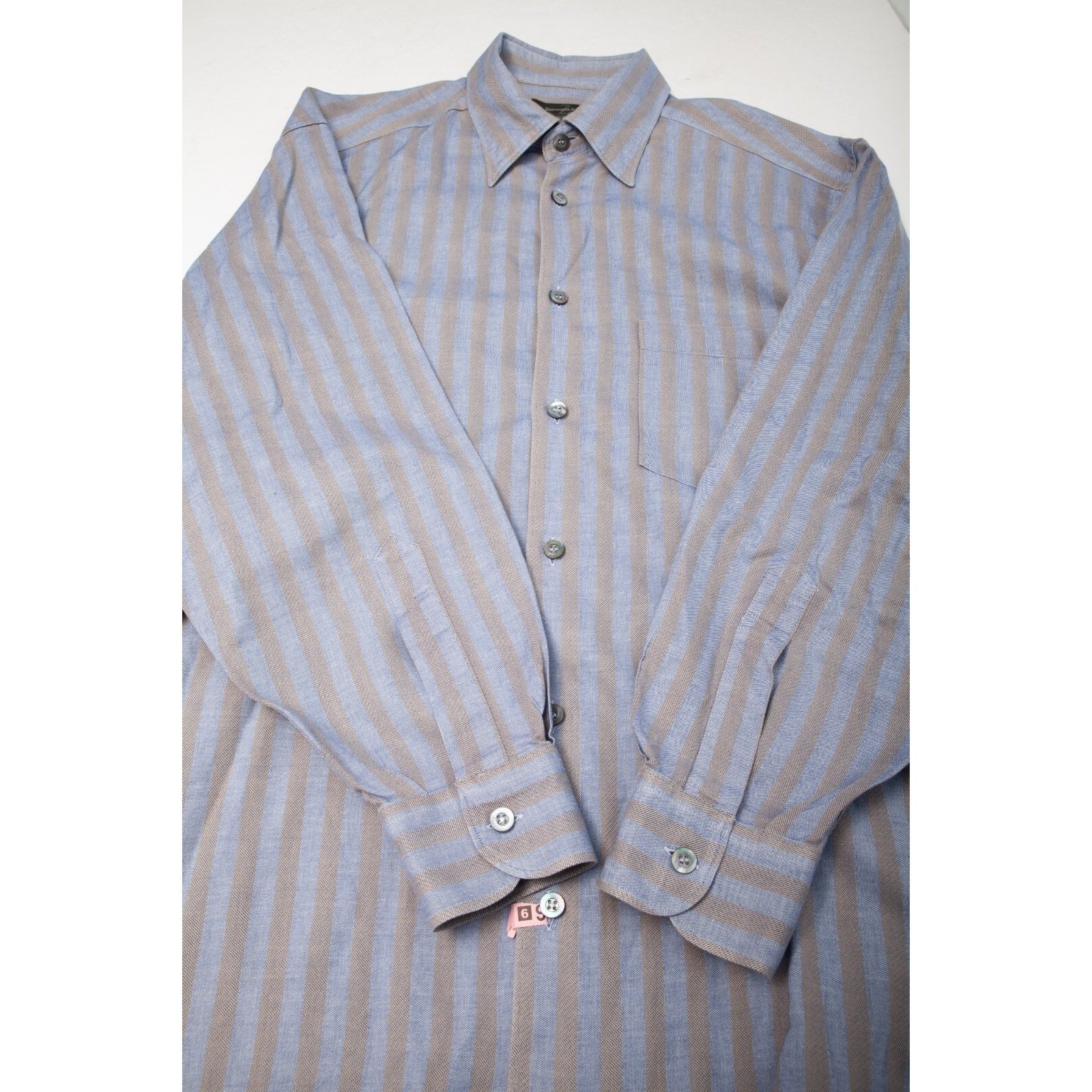 Ermenegildo Zegna Button Down Shirt Mens L Blue Tan Striped Long Sleeve Cotton