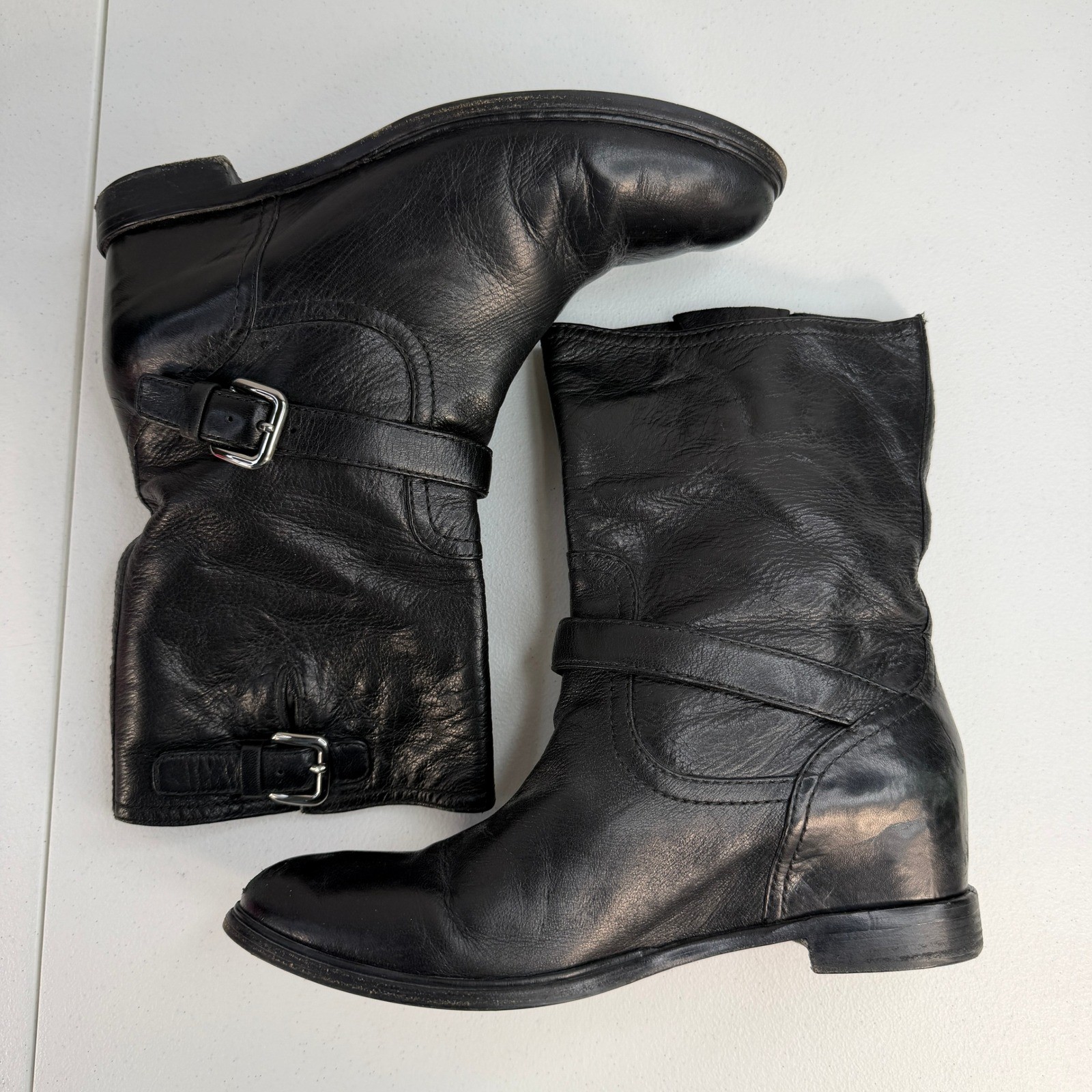 Prada 40.5 10.5 Boots Moto Engineer Hidden Wedge Buckle Leather Black Designer