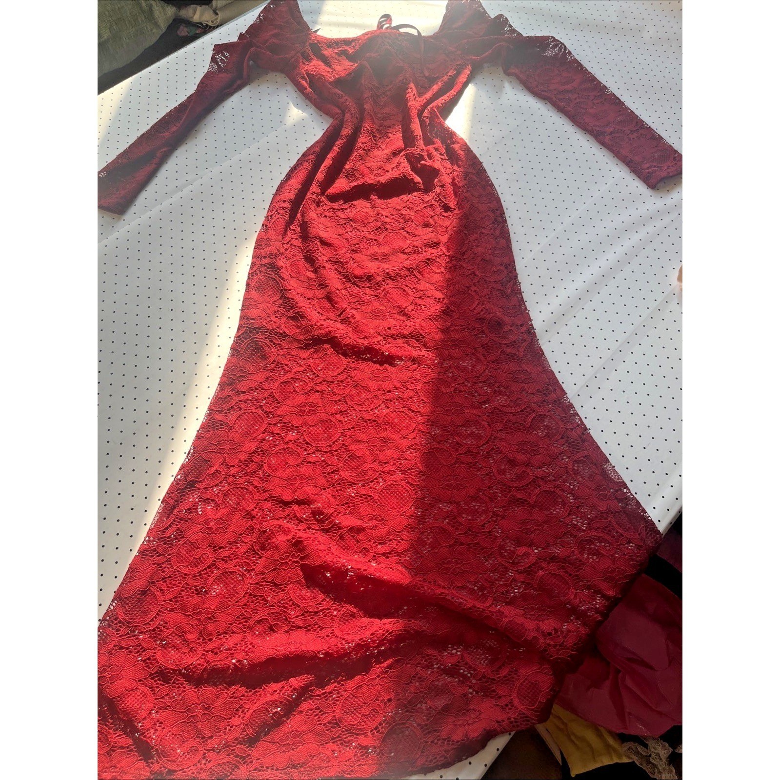 Red Floral Lace Maxi Dress Small Off Shoulder Romantic Cottagecore Fairycore