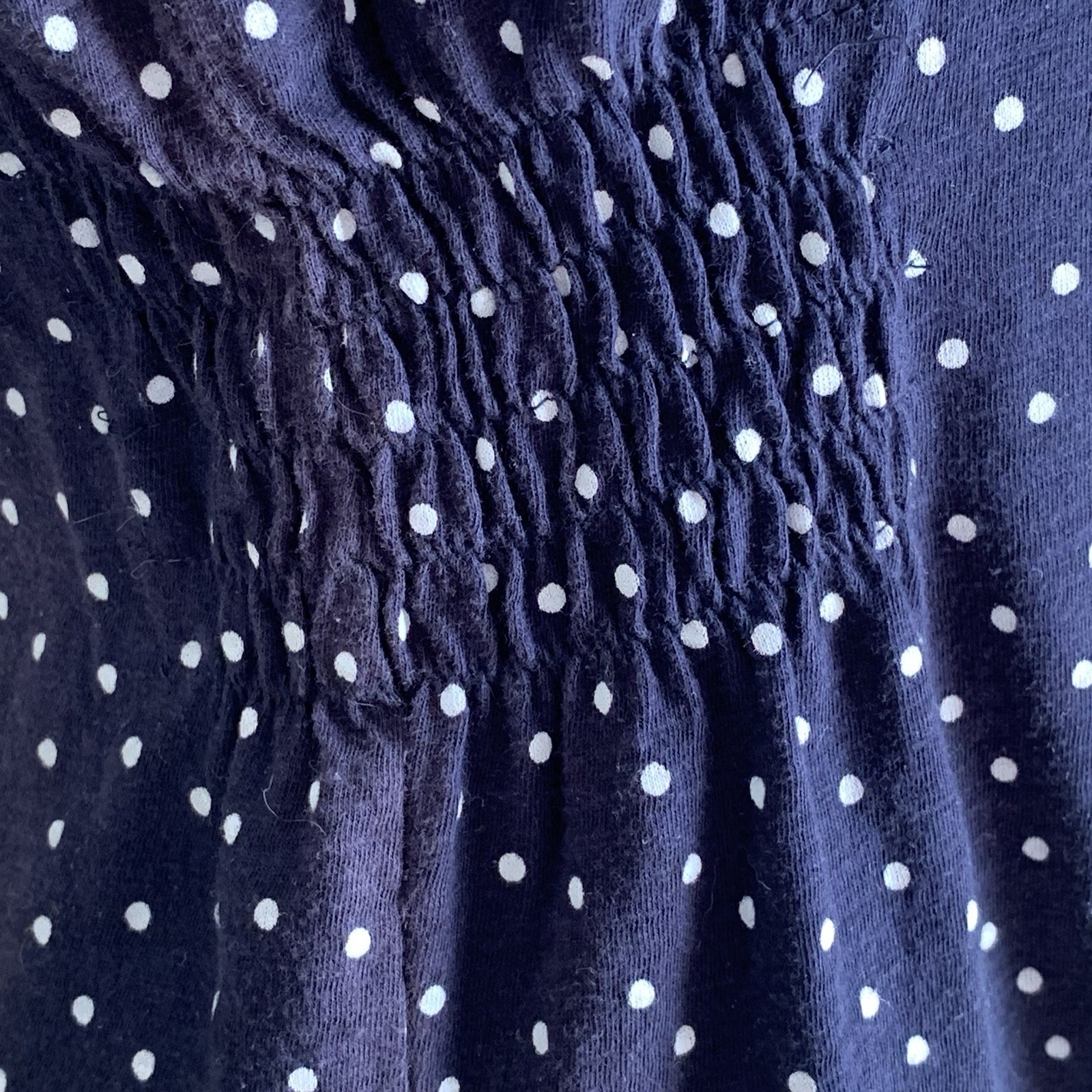 OOAK Vintage Boho LOFT Navy Polka Dot Smocked Top White Lace Doily Medallion S
