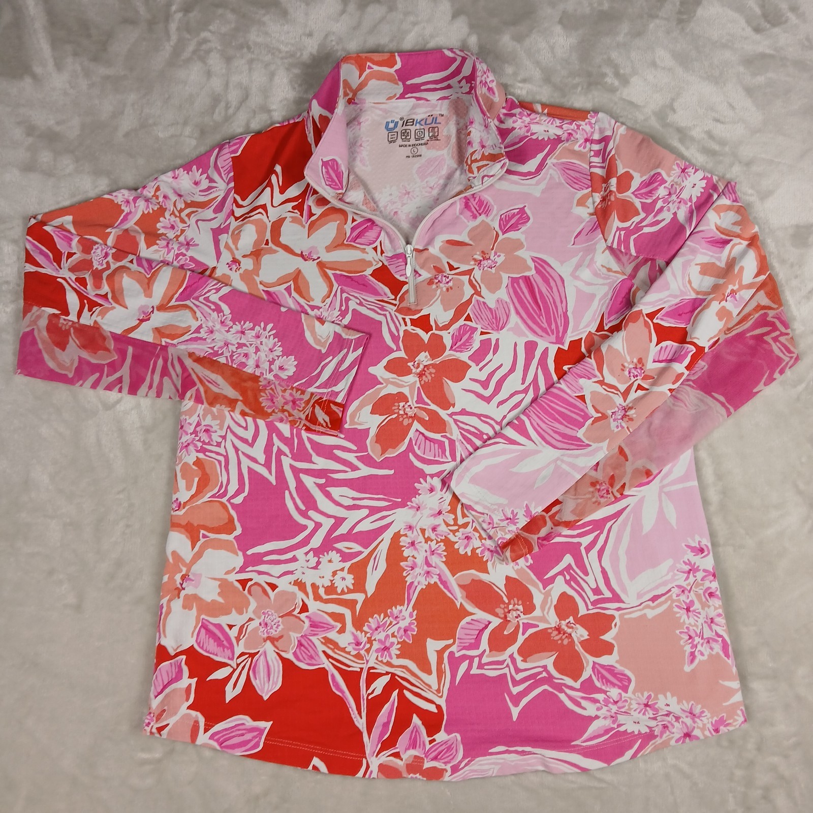 IBKUL Golf Shirt Women’s L Long Sleeve 1/4 Zip Floral UPF 50
