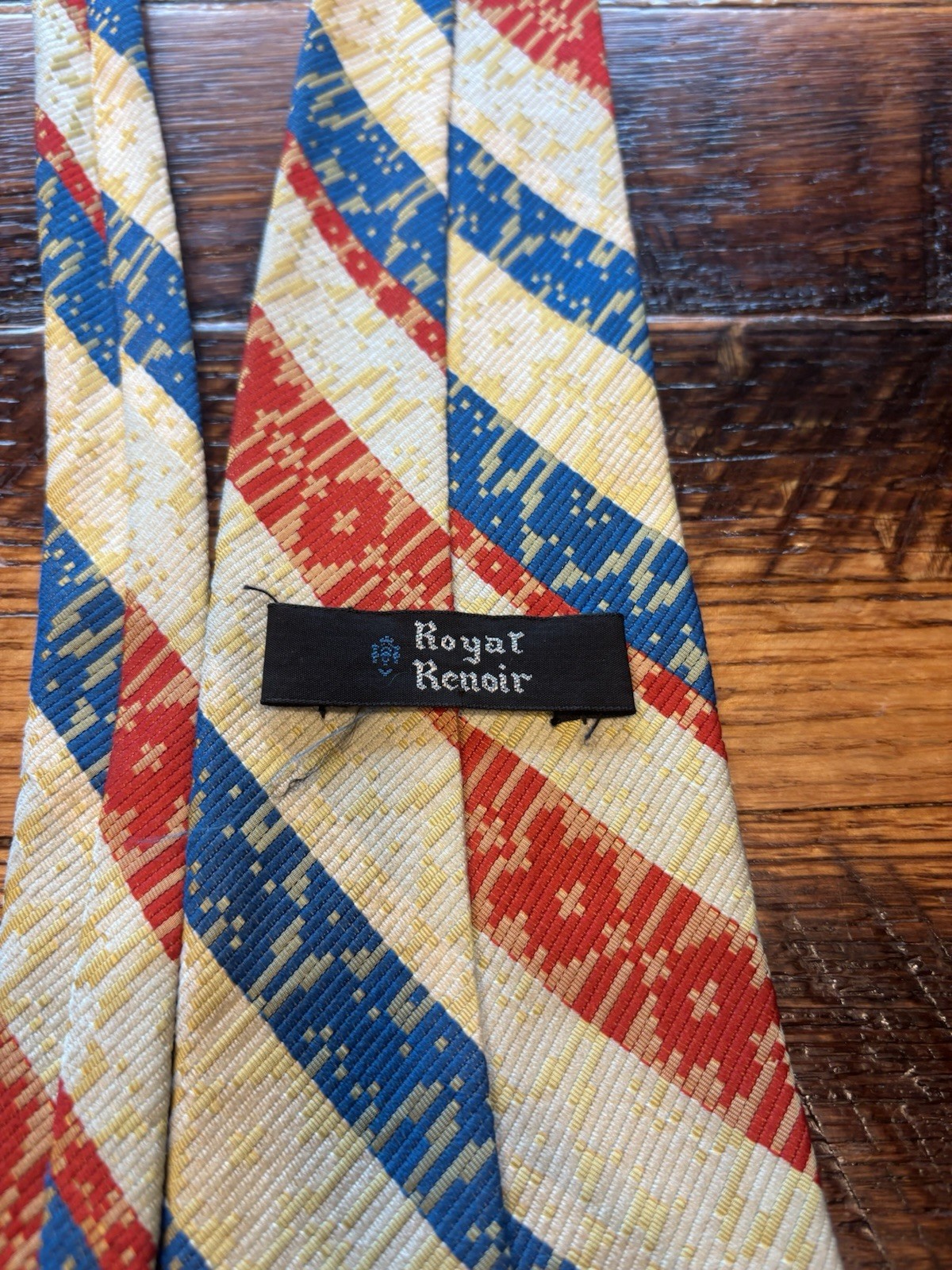 Royal Rendair Men’s Textured Acetate Tie – Beige Blue Red Striped Pointed